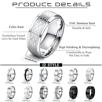 LOLIAS 9 Pcs Stainless Steel Men Rings Silver Black Matte Finish Polished Band Rings Bottle Opener Rings Wedding Band Engagement Promise Rings Vintage Fidget Ring