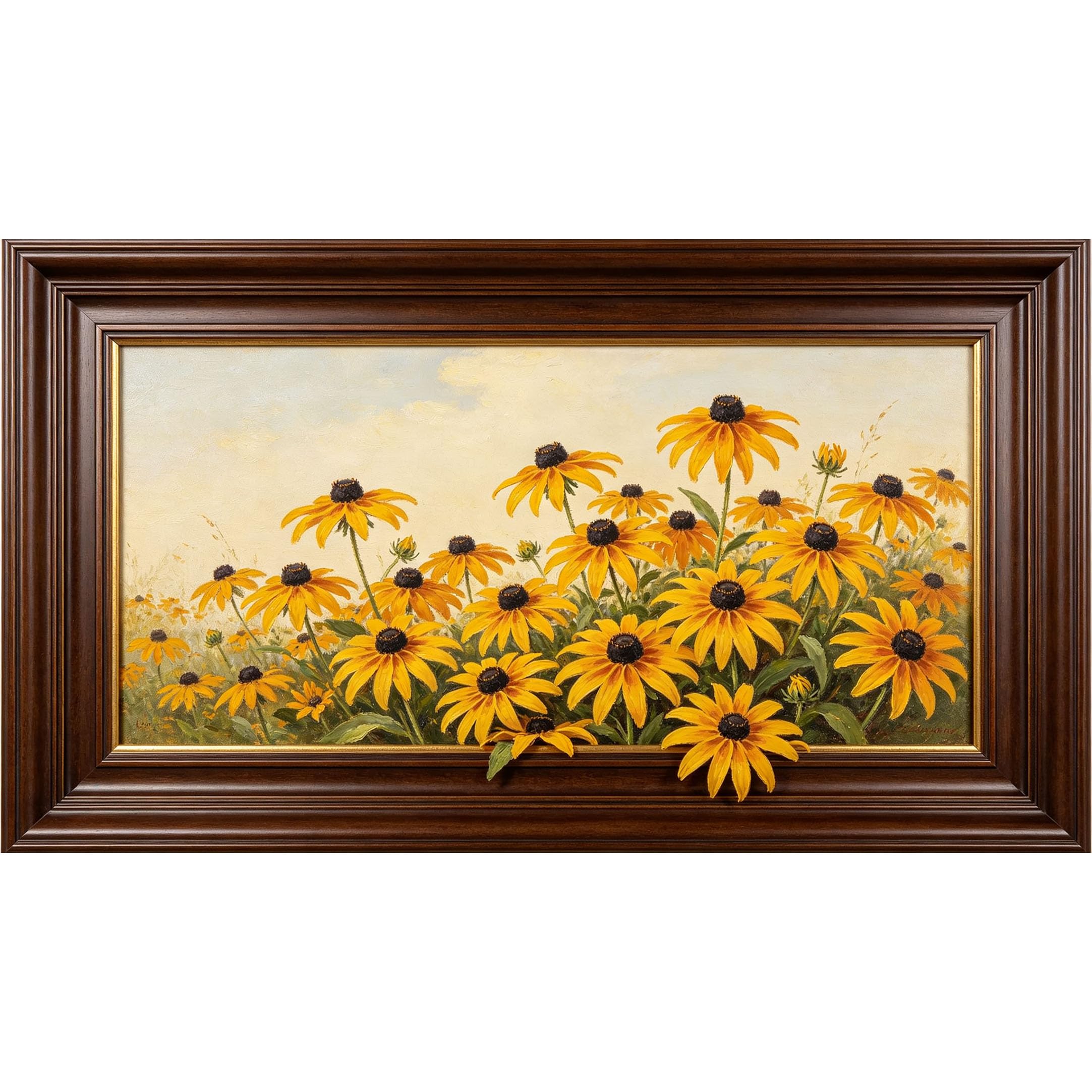 QZLITHOTIC 50x90cm3D Framed Wall Art， Botanical Sunflower Meadow Landscape Self‑Adhesive Mural， Water‑Activated Peel & Stick Fabric Decor Wall Decal for Bedroom Living Room