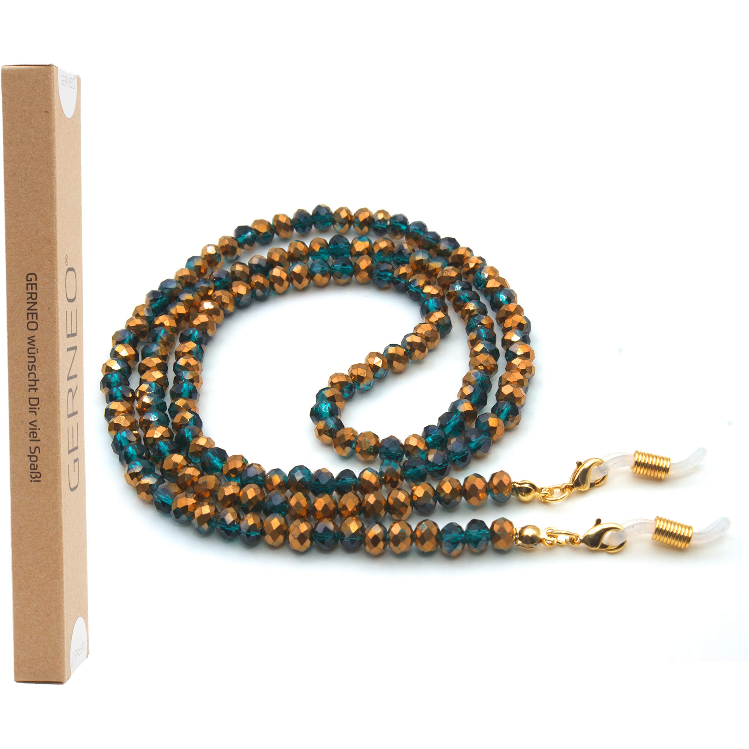GERNEO® - Oslo - Correa y cordón de para gafas de lectura y de sol - Soporte chapado en oro - Perlas turquesas doradas (azul)