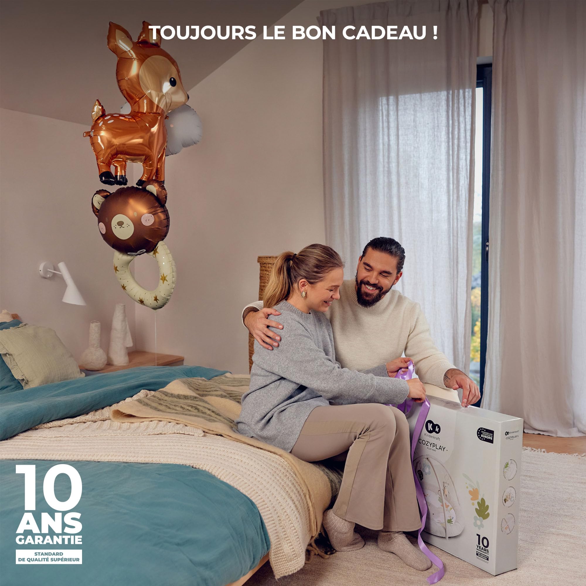 Kinderkraft COZYPLAY Tapis d'Éveil pour Bébé, avec Jouets d'activation, Tapis en Peluche, Lavable en Machine, Facile à Ranger, 2 Arceaux Souples, Gris