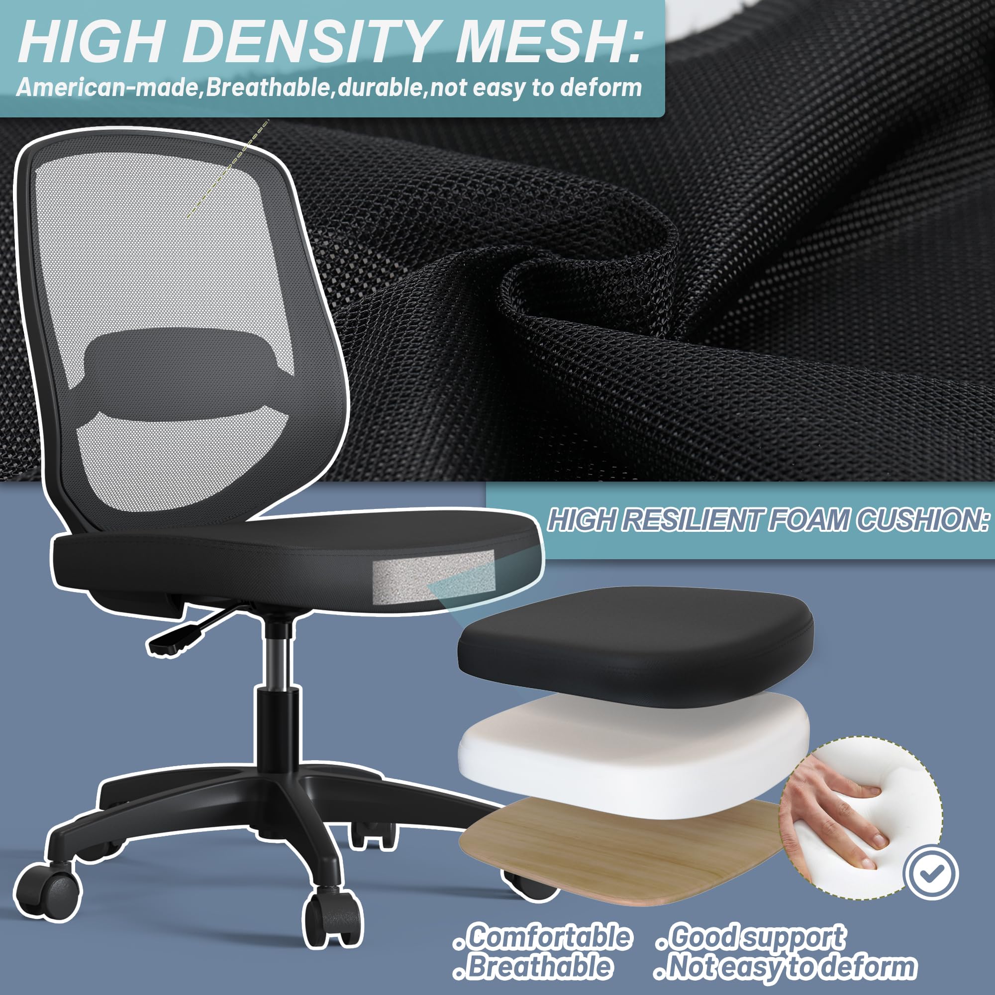 Silla de oficina ergonómica de malla sin brazos para computadora, hogar, altura ajustable, soporte lumbar para espacios pequeños 4