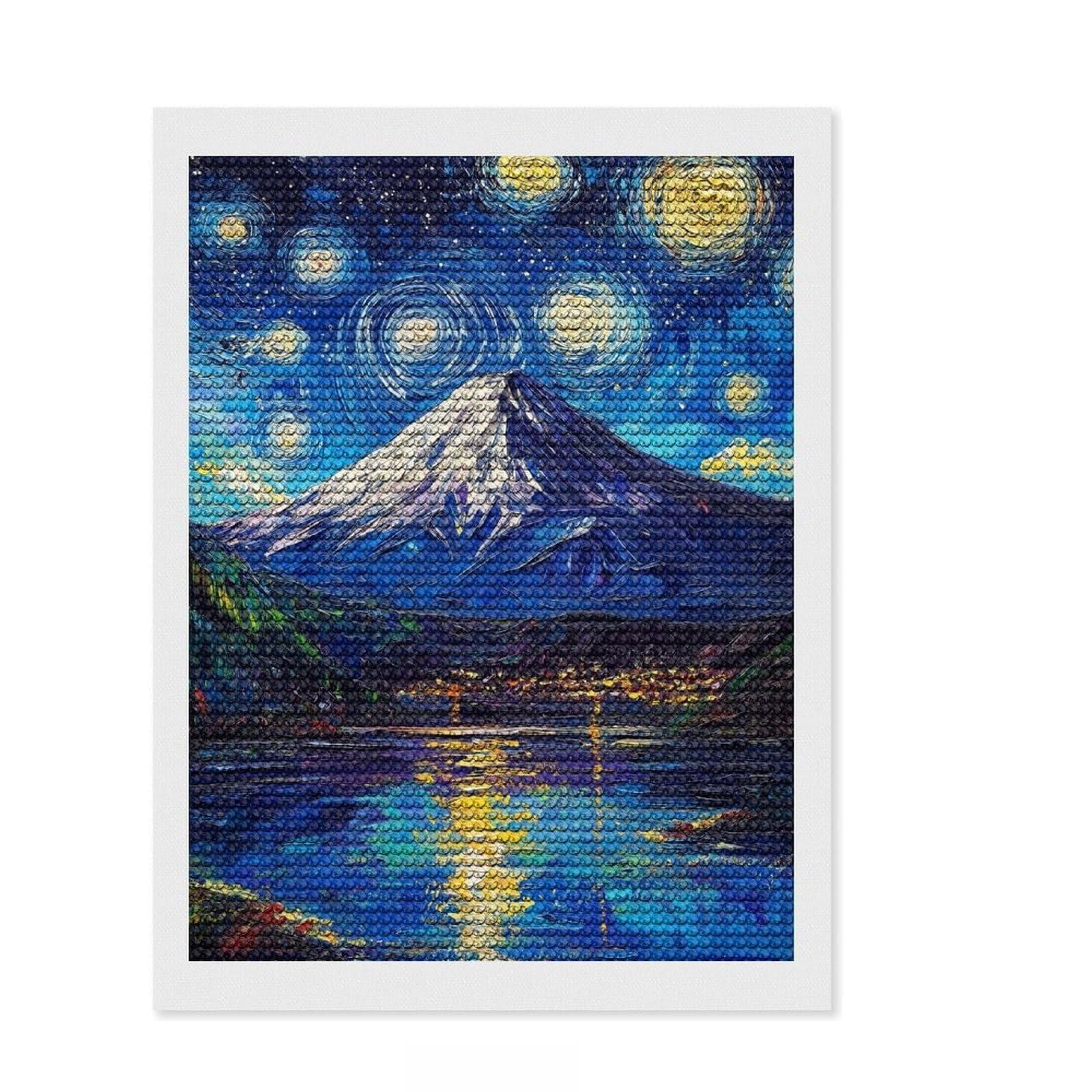 Junmoney Fuji Mount Starry Night Diamond Painting Kit 12"x16", for Women, Stress Relief Craft, Home Wall Decor, Thoughtful Handmade Gift