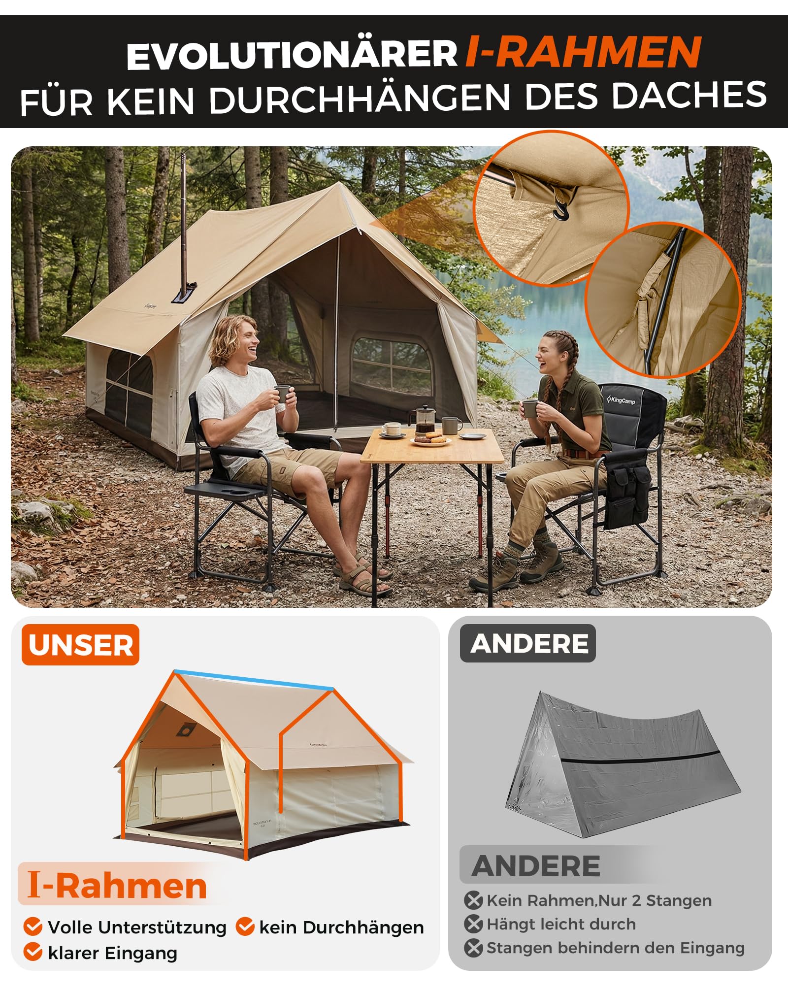 KingCamp 4-5 Personen Zelt,8㎡ Hauszelt mit Kaminöffnung & AC-Anschluss, 210g TC Wasserdicht Zelt, 2 Türen 4 Fenster, mit Feuerfestem Gewebe 4-Jahreszeiten Zelt für Familien Camping, Glamping,Festivals