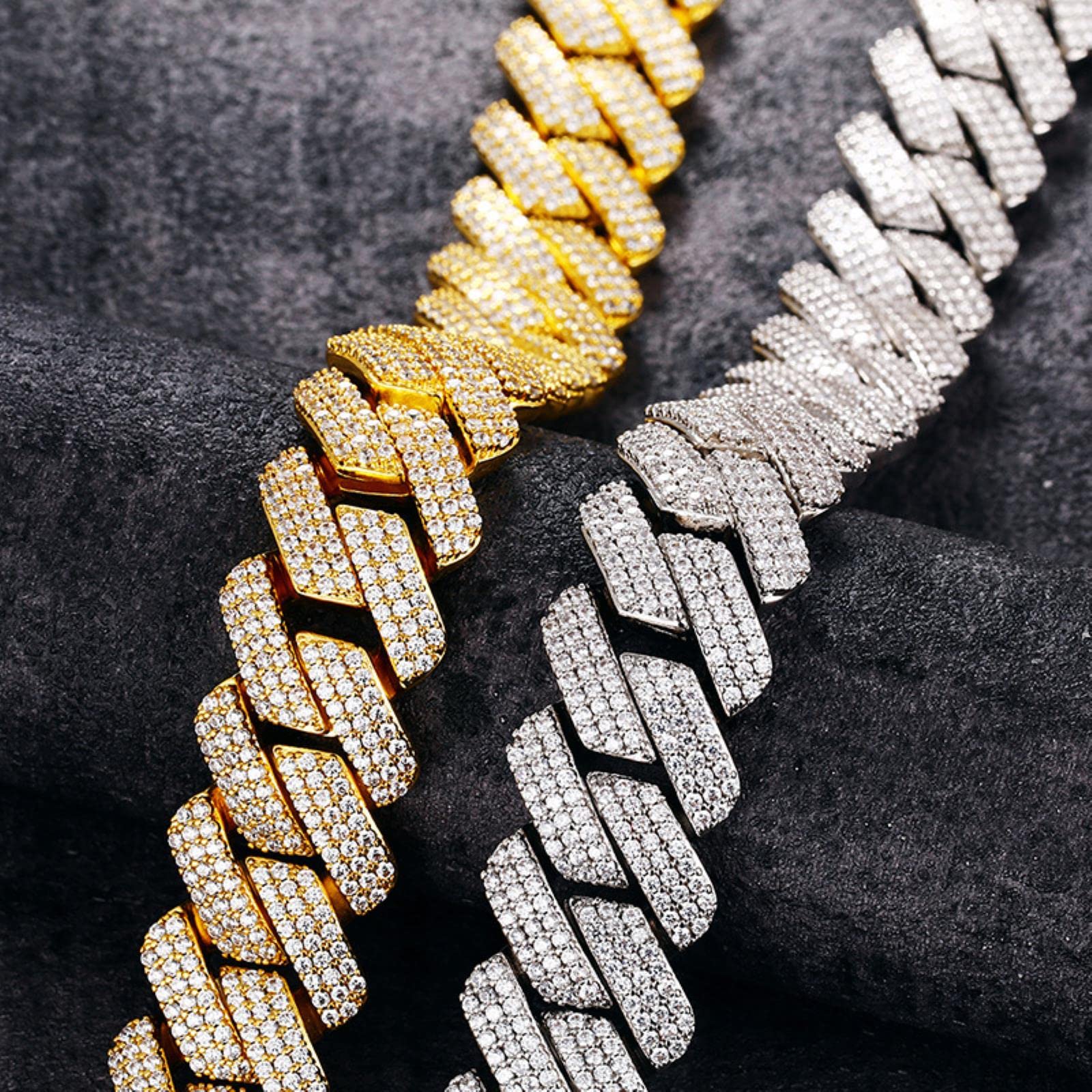 zxcs 20 mm 3 Riga Zirconia Collana di Collegamento Prong in Oro Bianco Micro pavimentazione Catena Cubana Hip Hop Gioielli Moda Hip Hop per Gli Uomini-Gold,20inch