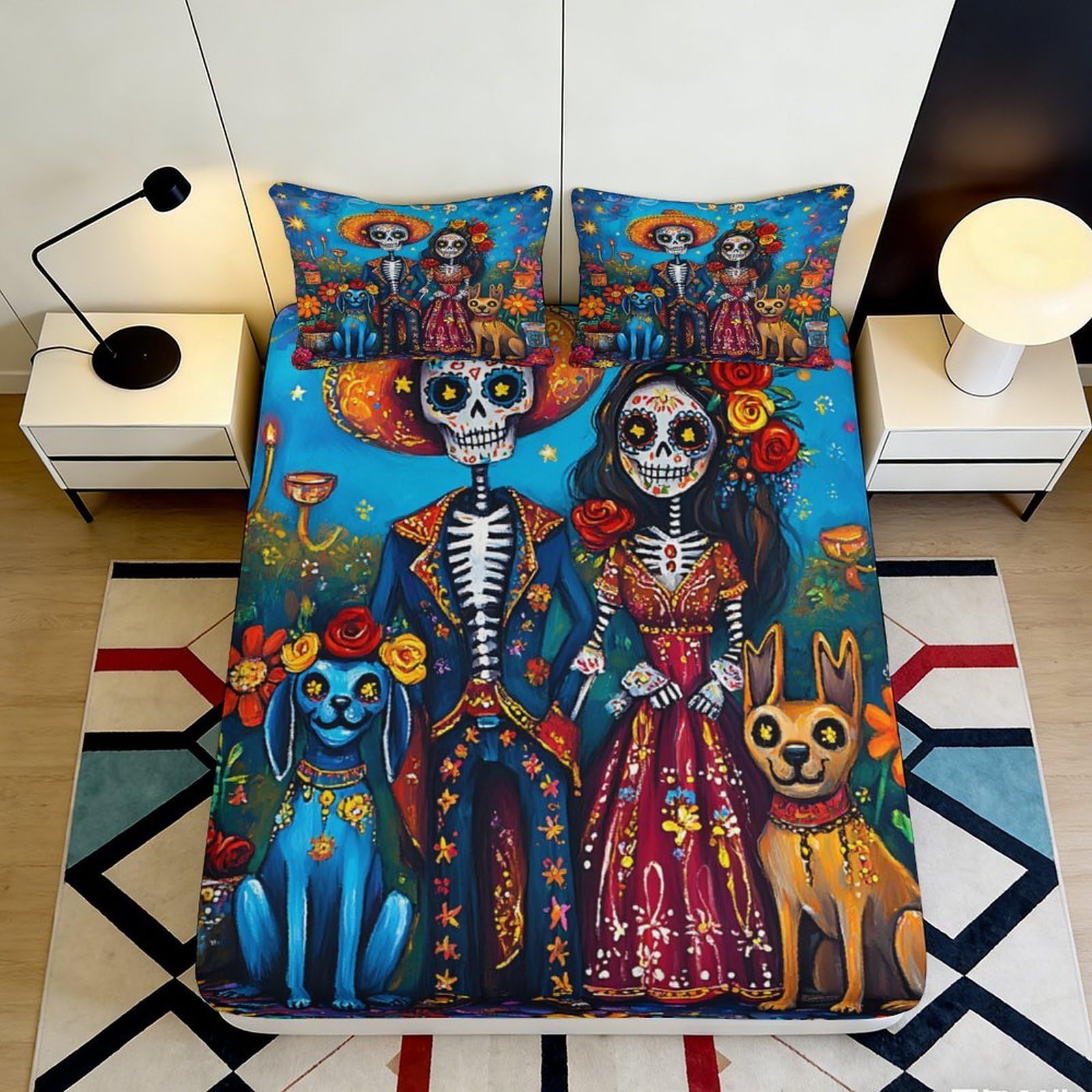 3D Printed Day of the Dead Skeleton Fitted Sheet Microfiber Soft Breathable Mexican Folk Art Bed Cover for Bedroom Decor 90x200x25cm