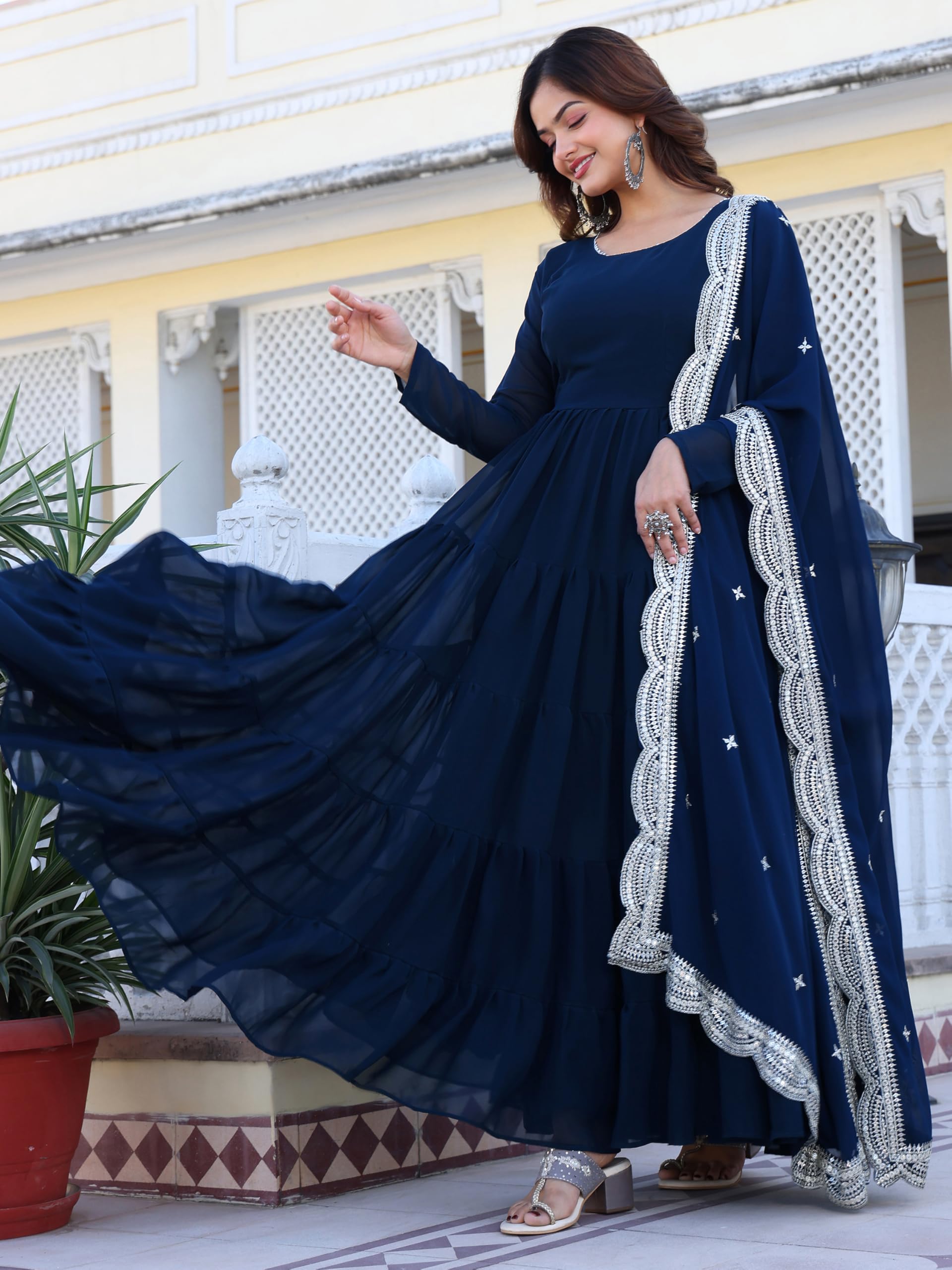 Fashion Basket Women's Georgette Solid Anarkali Dress Turquoise