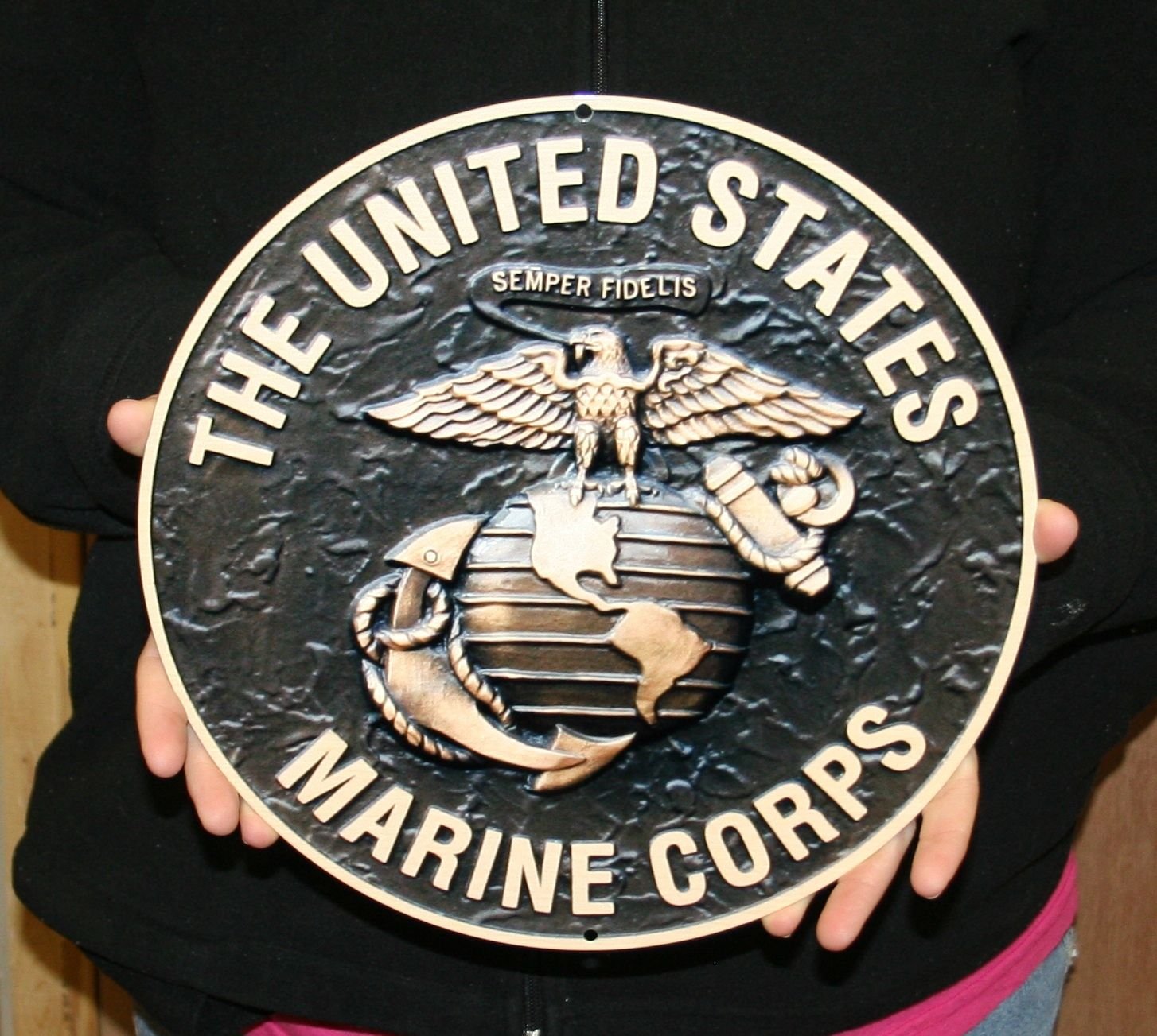 Logo Round Metal Sign Black w/Bronze 12" Semper Fi for USMC