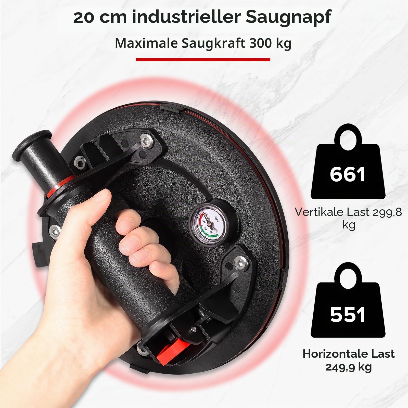 Glassauger 8" Saugheber Vakuum Saugnapf 662 lbs Tragkraft Leistungsstarke Industrielle Saugnapf mit Manometer Zum Anheben Von Großen Glasfliesen, Granit, Inklusive Tragetasche (2 Stück)
