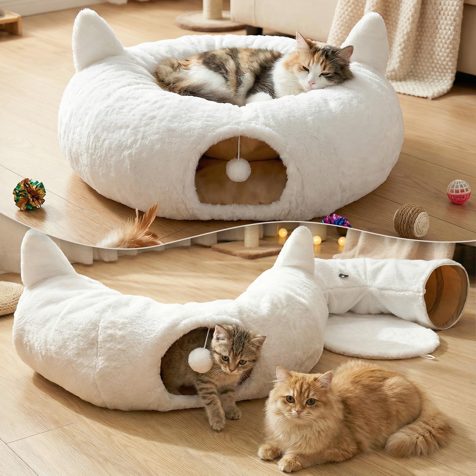 Lit tunnel pour chat d'intérieur en peluche douce avec coussin lavable, pour chaton, lapin, chiot (blanc)