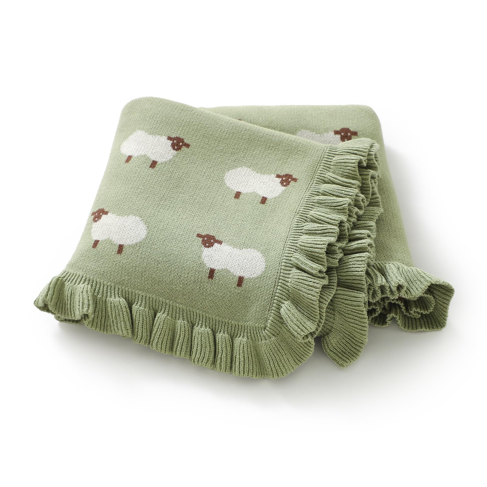 Hadetoto Cotton Baby Blanket Knit Ruffle Blankets Cartoon Sheeps Baby Gifts Essentials for Newborn Boys Girls (Light Green)
