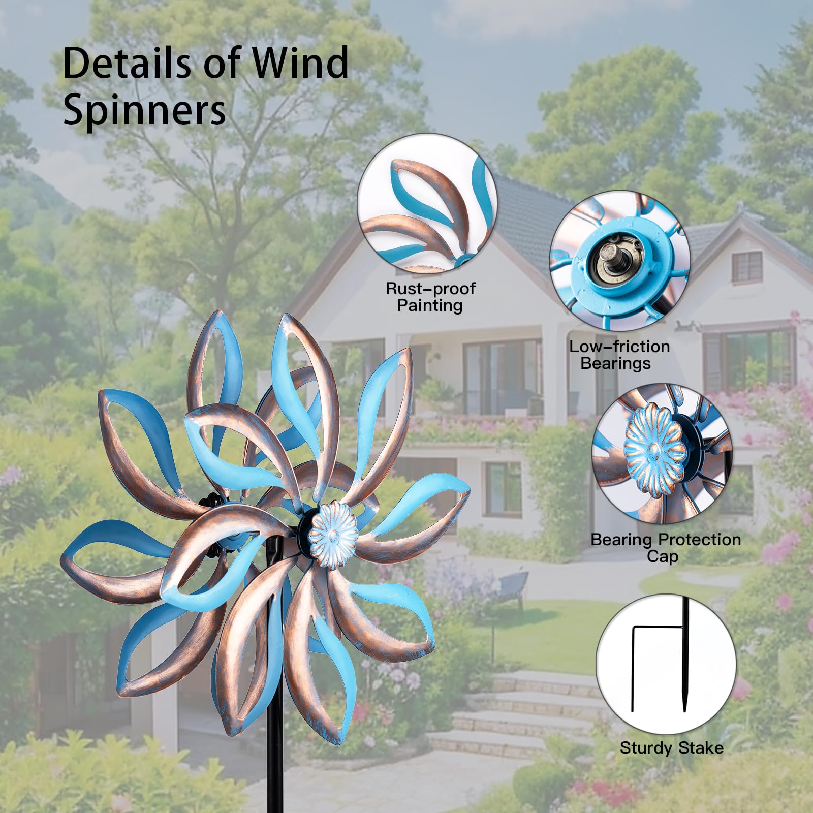 Molinillos de viento de metal para exteriores, molinillos de viento cinéticos vintage con estaca de metal para patio, césped, jardín, regalos creativos para mujeres, 57.5 x 13.5 pulgadas