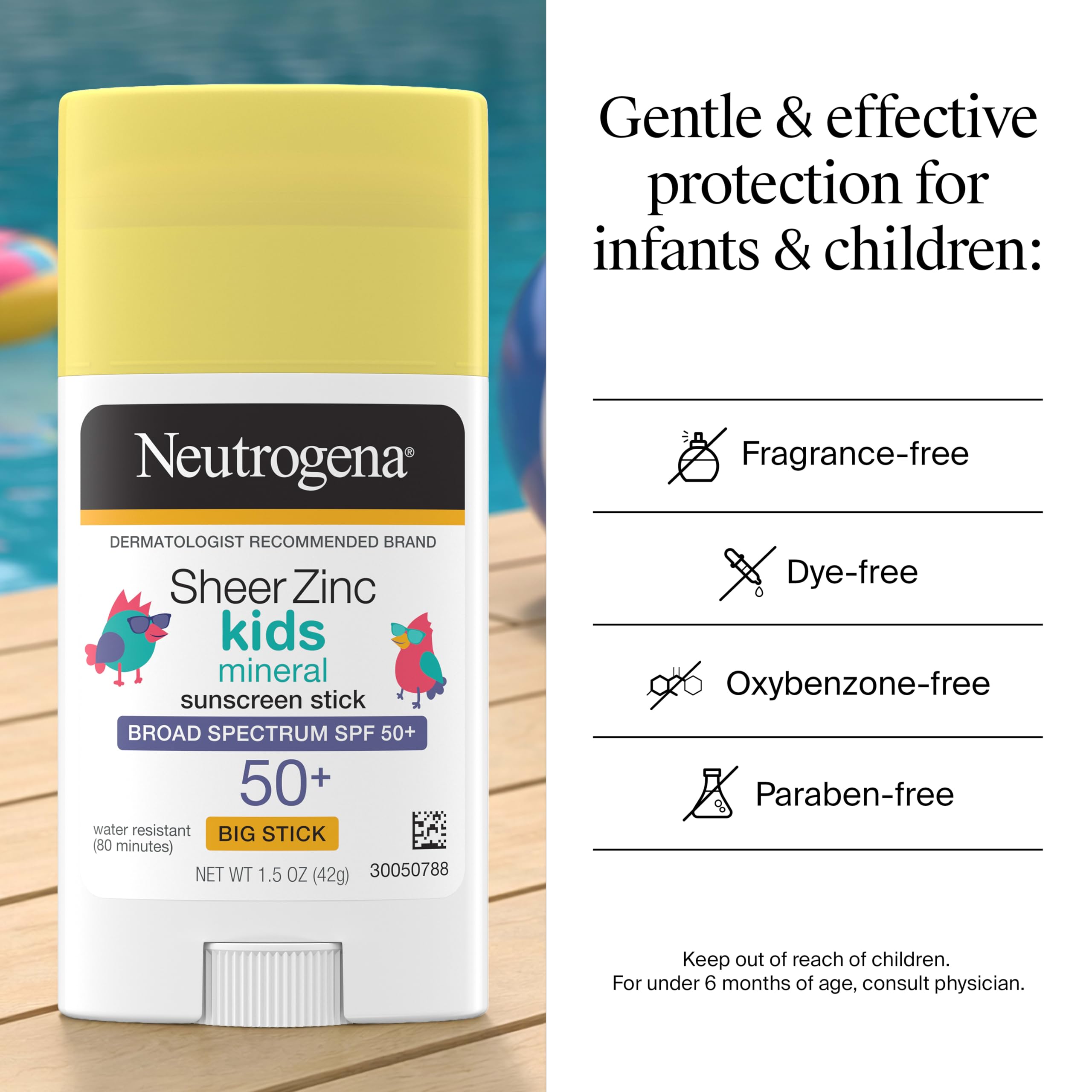 Neutrogena Sheer Zinc Oxide Kids Mineral Sunscreen Stick, Broad Spectrum SPF 50+ & UVA/UVB Protection & Water Resistant with Residue-Free, No-Mess Application, Oil- & Paraben-Free, oz
