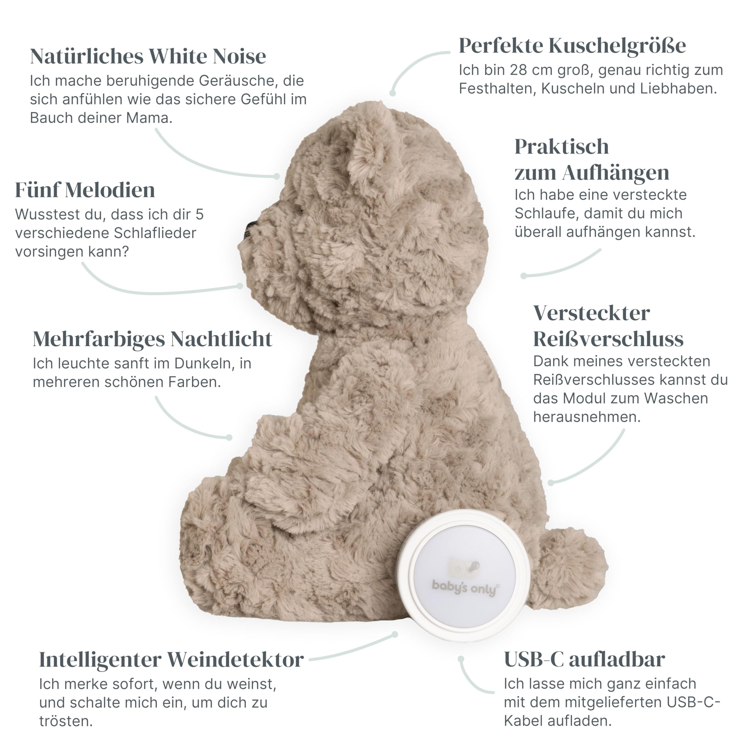 Baby's Only - Bo das Teddybär - Einschlafhilfe - Spieluhr Baby mit White noise - Kuscheltier mit Weinsensor - Baby erstausstattung - Geschenk zur geburt - Baby & Neugeborene - Taupe