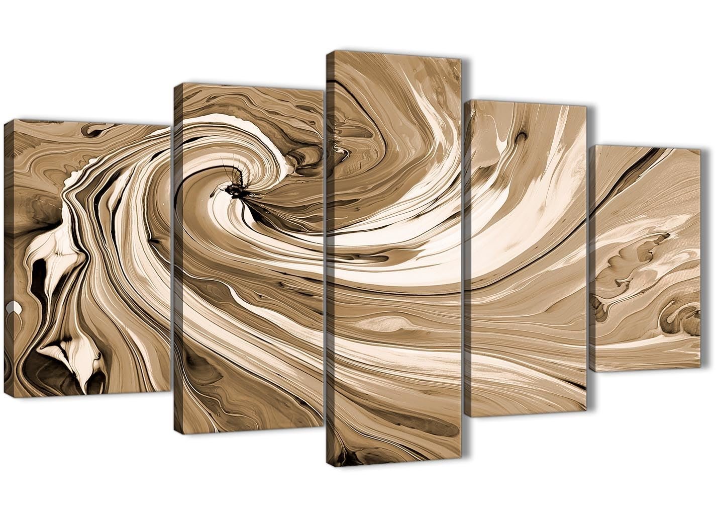 Wallfillers Extra Large Brown Cream Swirls Modern Abstract Canvas Wall Art - Multi Set of 5-160cm Wide - 5349