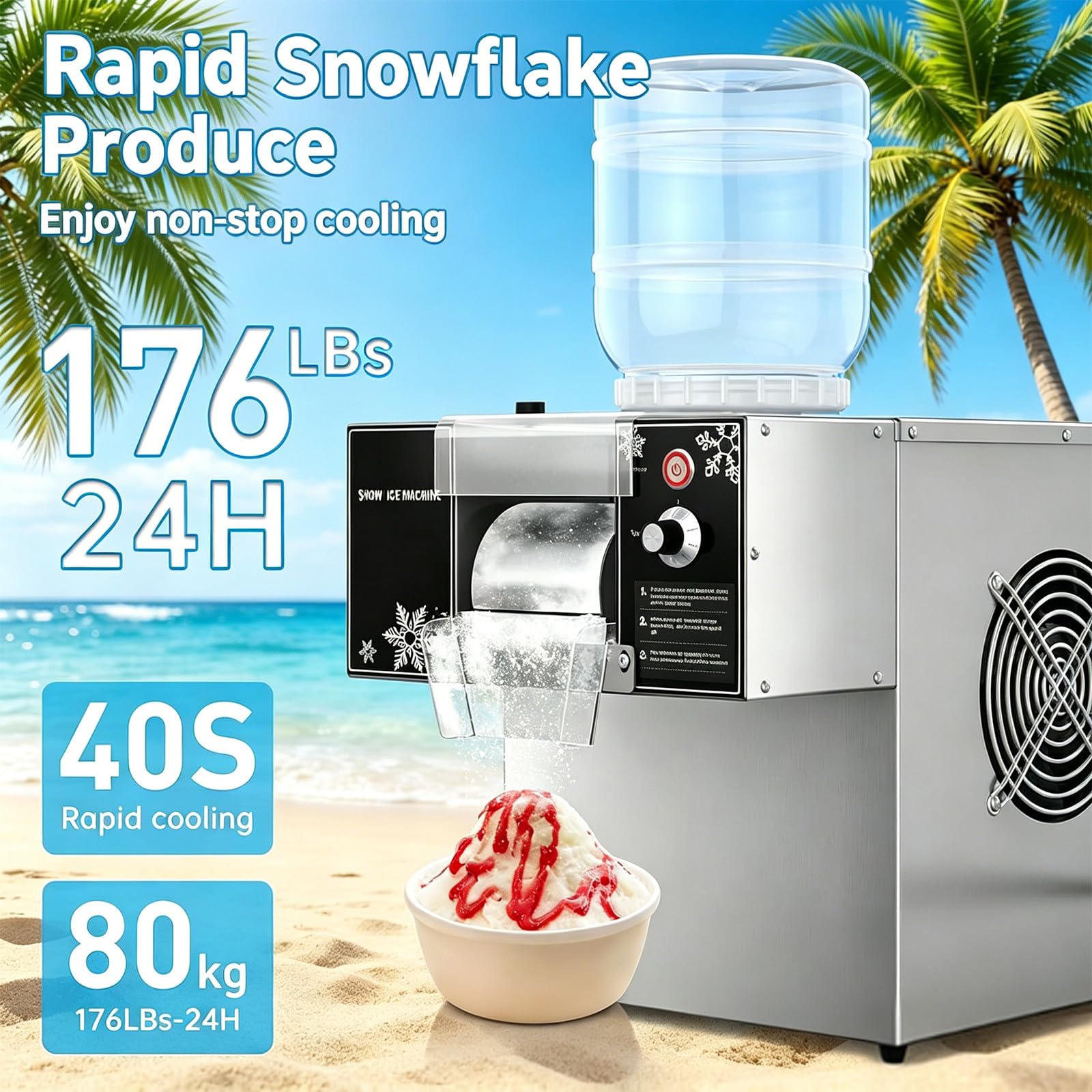 Suave Máquina de Hielo en Escamas Finas: Hielo Esponjoso y cremoso, 80 kg/día, fácil Limpieza, Resistente corrosión. para heladerías, raspados y Eventos al Aire Libre
