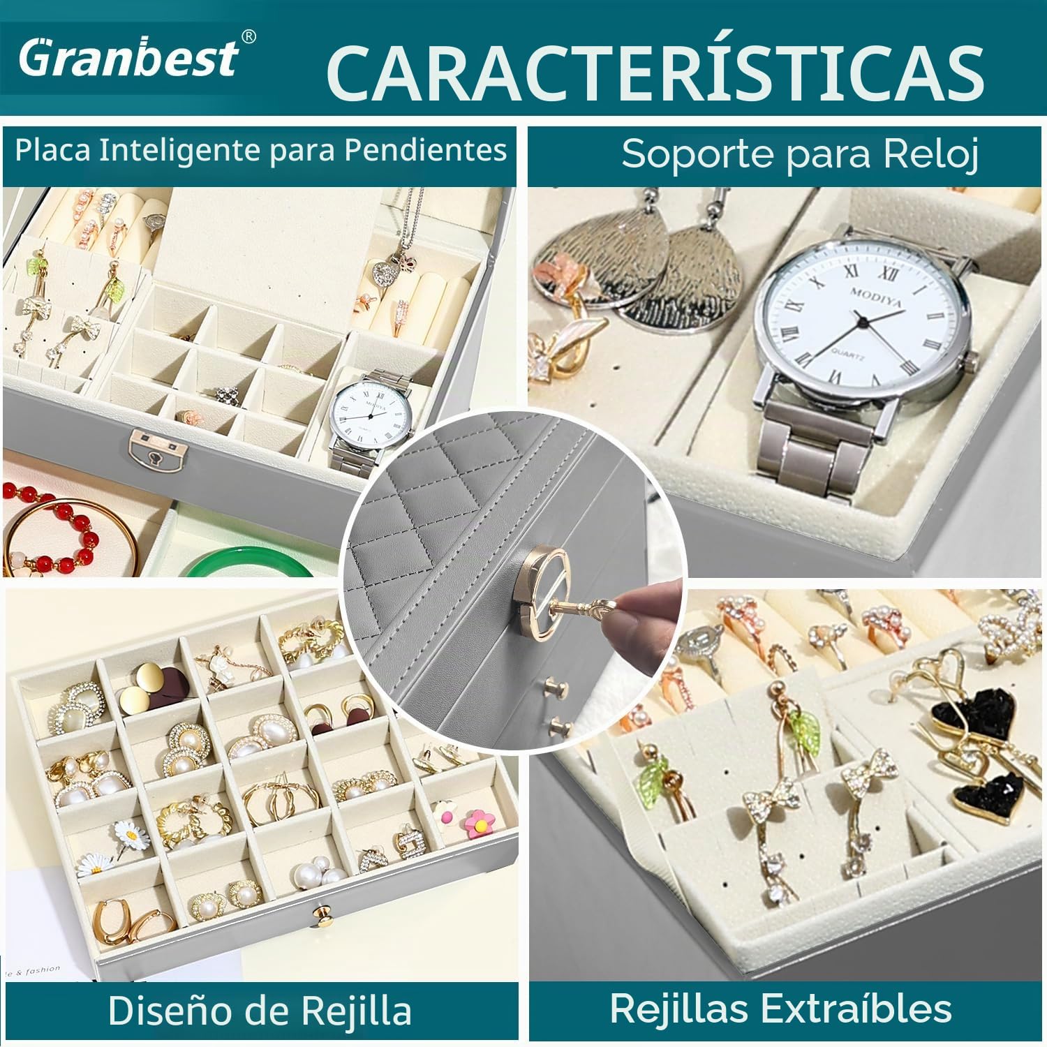 Granbest Joyero de 3 niveles con 2 cajones, caja de joyería de cuero para collares, pulseras, anillos y pendientes (gris)