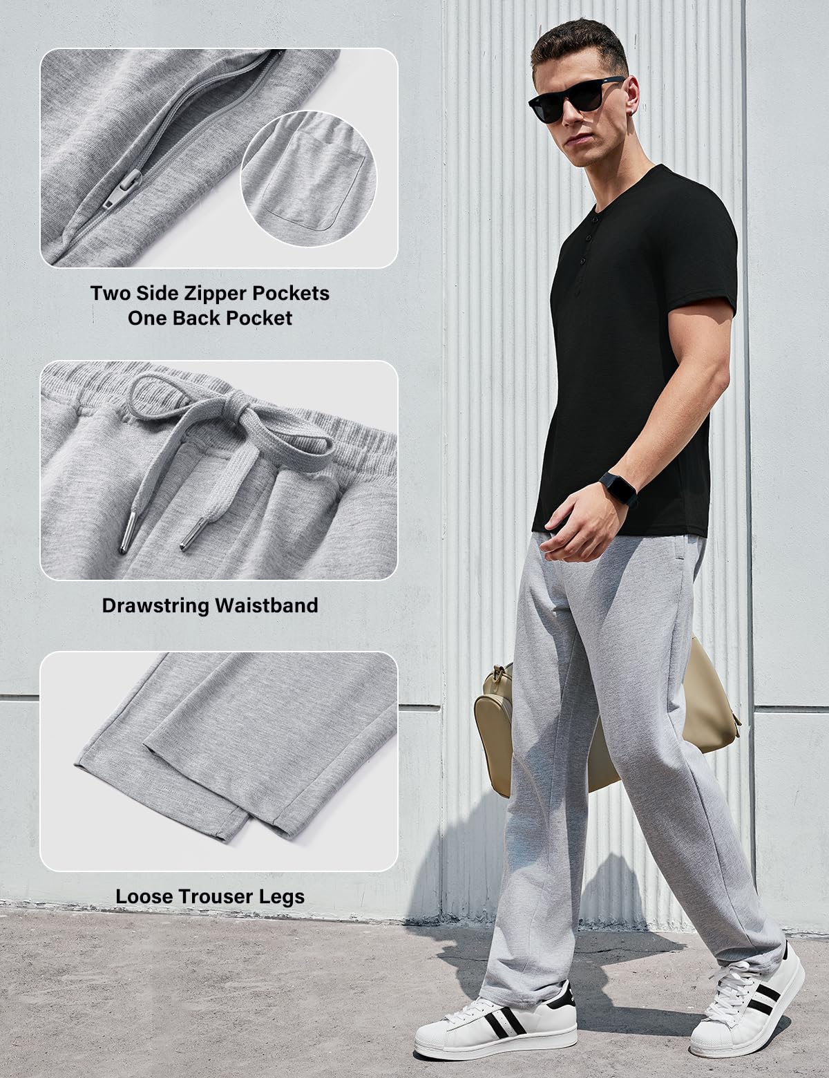 Arjen Kroos Pantalon Chandal Hombre Algodón con Cremallera Bolsillos Pantalones Hombre Pierna Ancha Cintura Elástica Ajustable para Ocio y Trotar