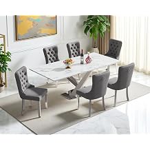 White Silver Faux Marble Dining Table Set for 6, Modern 7-Piece Faux Marble Dining Table Set with 6 Upholstered Chairs, 70" Luxury Kitchen Table and 6 Chairs with Stainless Steel Base