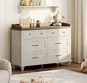 WAMPAT Baby Dresser with 6 Drawers, Antique White Wooden Nursery Storage Organizer