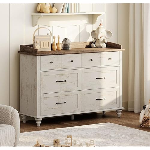 WAMPAT Baby Dresser with 6 Drawers for Kids Room, Antique White Kids Dresser Wooden Double Dresser for Bedroom, Storage Dresser Organizer for Children’s Bedroom, Nursery Furniture
