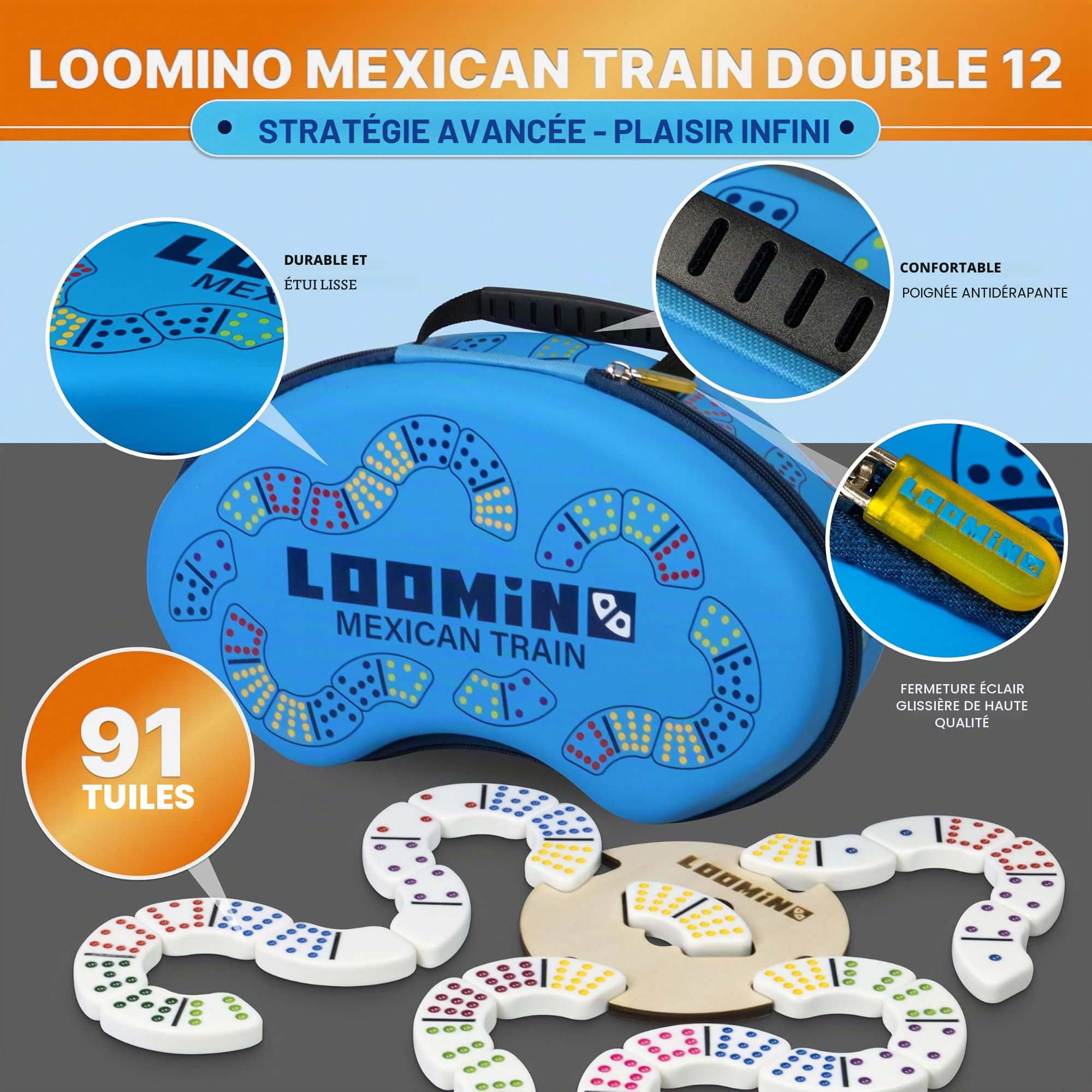 Queensell Jeu de Dominos Mexican Train – Jeux de société pour Enfants et Adultes – Jeu de Dominos pour Adultes – Loomino