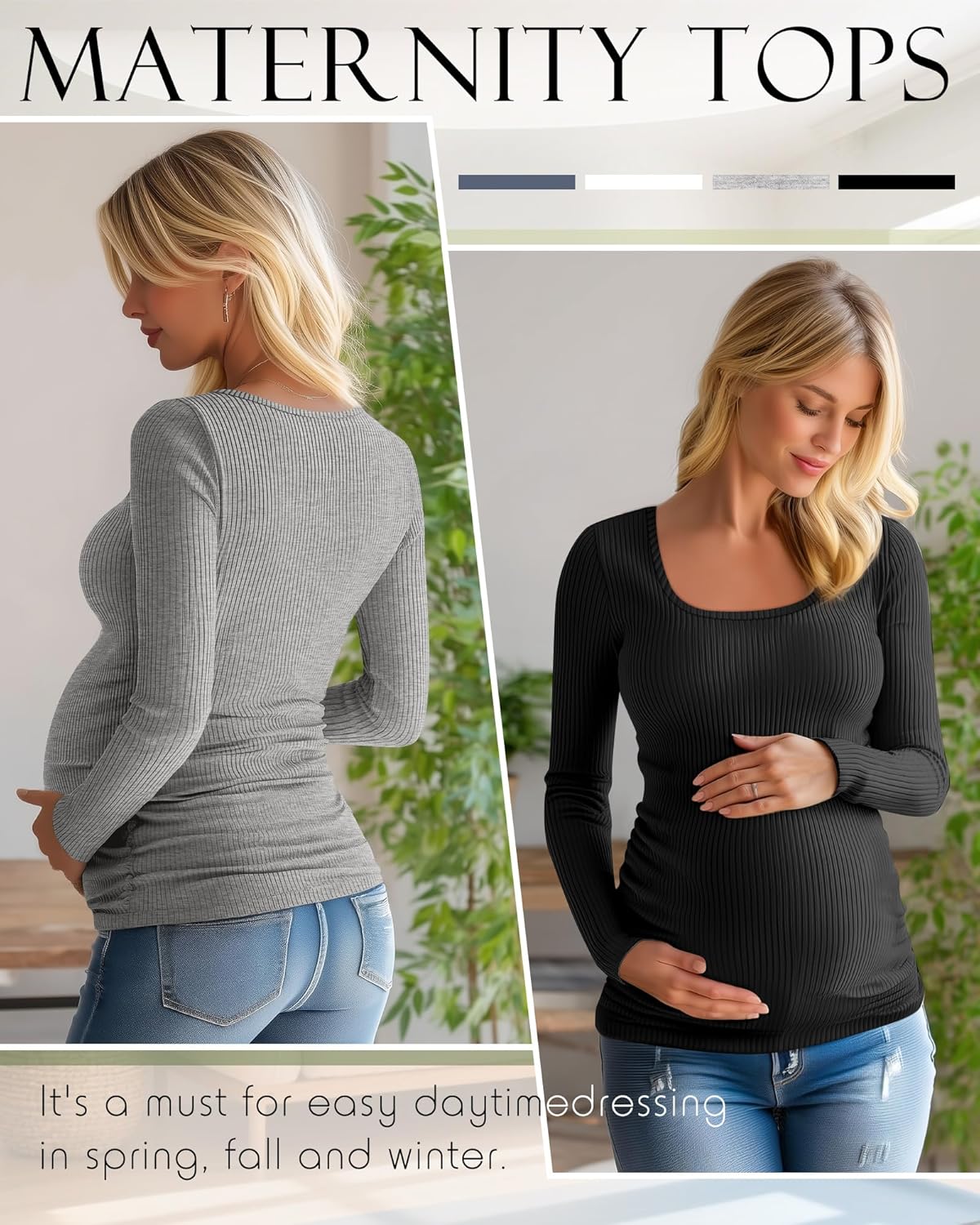 Huukeay 4 Pack Women's Cotton Maternity Tops Long Sleeve Ribbed Side Ruched Scoop Neck Shirts Casual Mama Pregnancy Clothes - Image 3