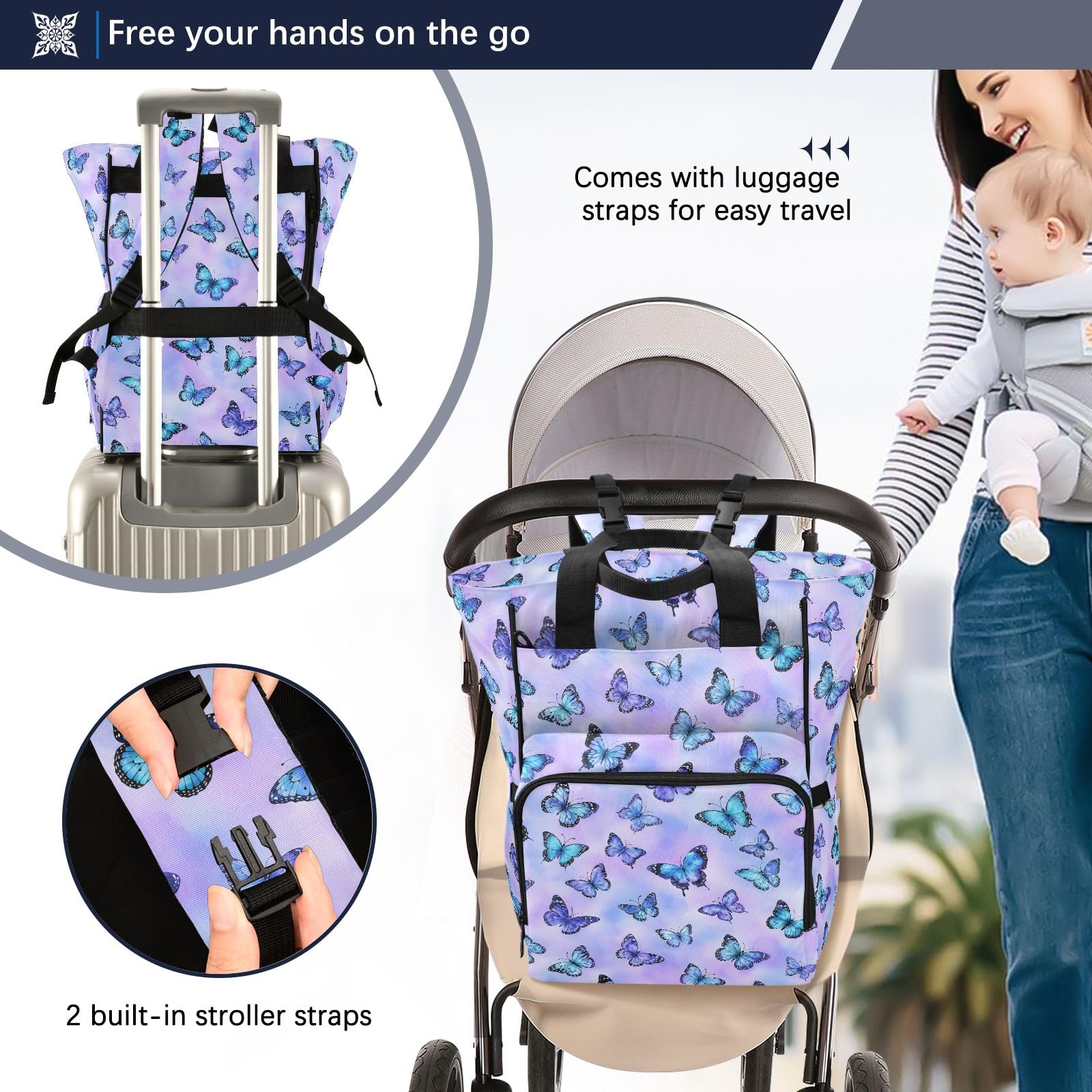 Mnsruu Borsa per pannolini a forma di farfalla, zaino grande, impermeabile, da viaggio, per mamme e papà