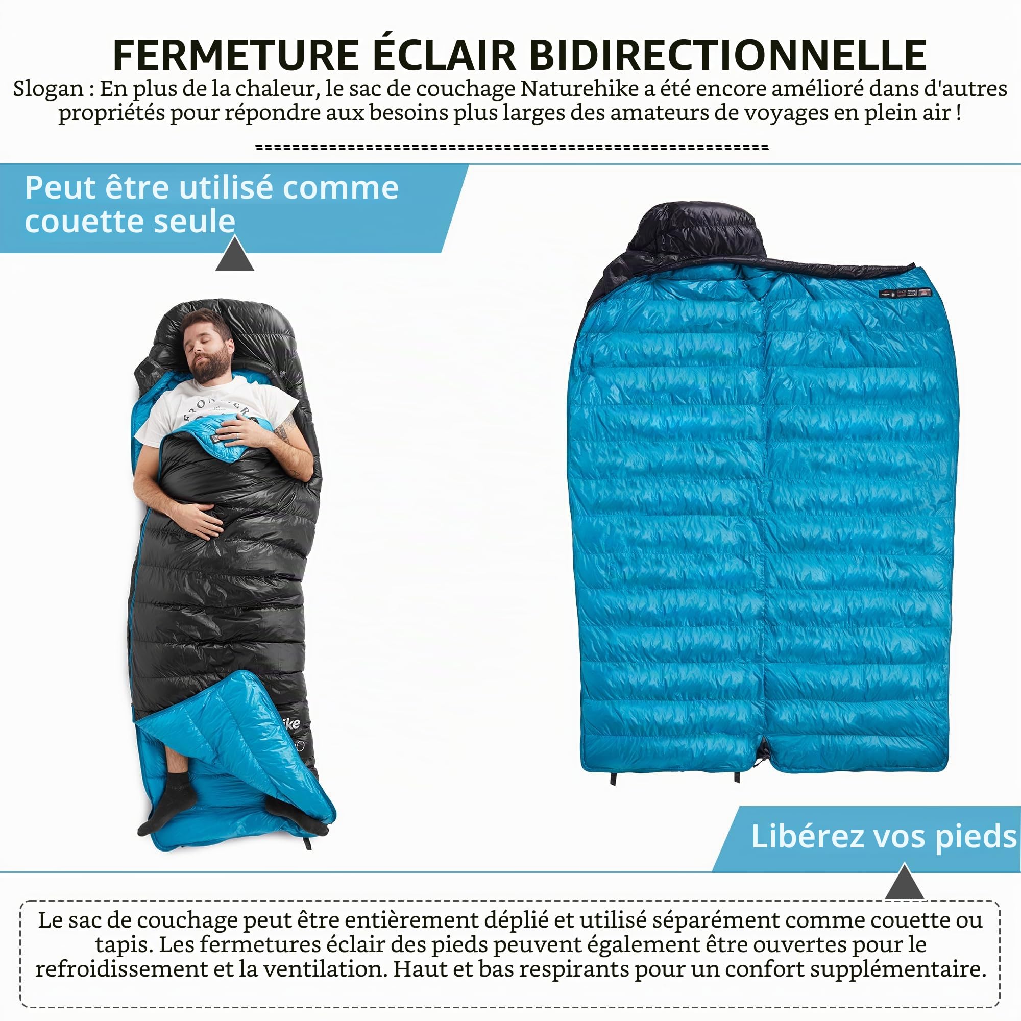 Naturehike CW400 Sac de Couchage en Duvet ultraléger Sac de Couchage de Camping Momie pour Adultes Pouvoir de Remplissage 650FP -11 ℃-6 ℃ avec Sac de Compression étanche adapté à la randonnée/Camping