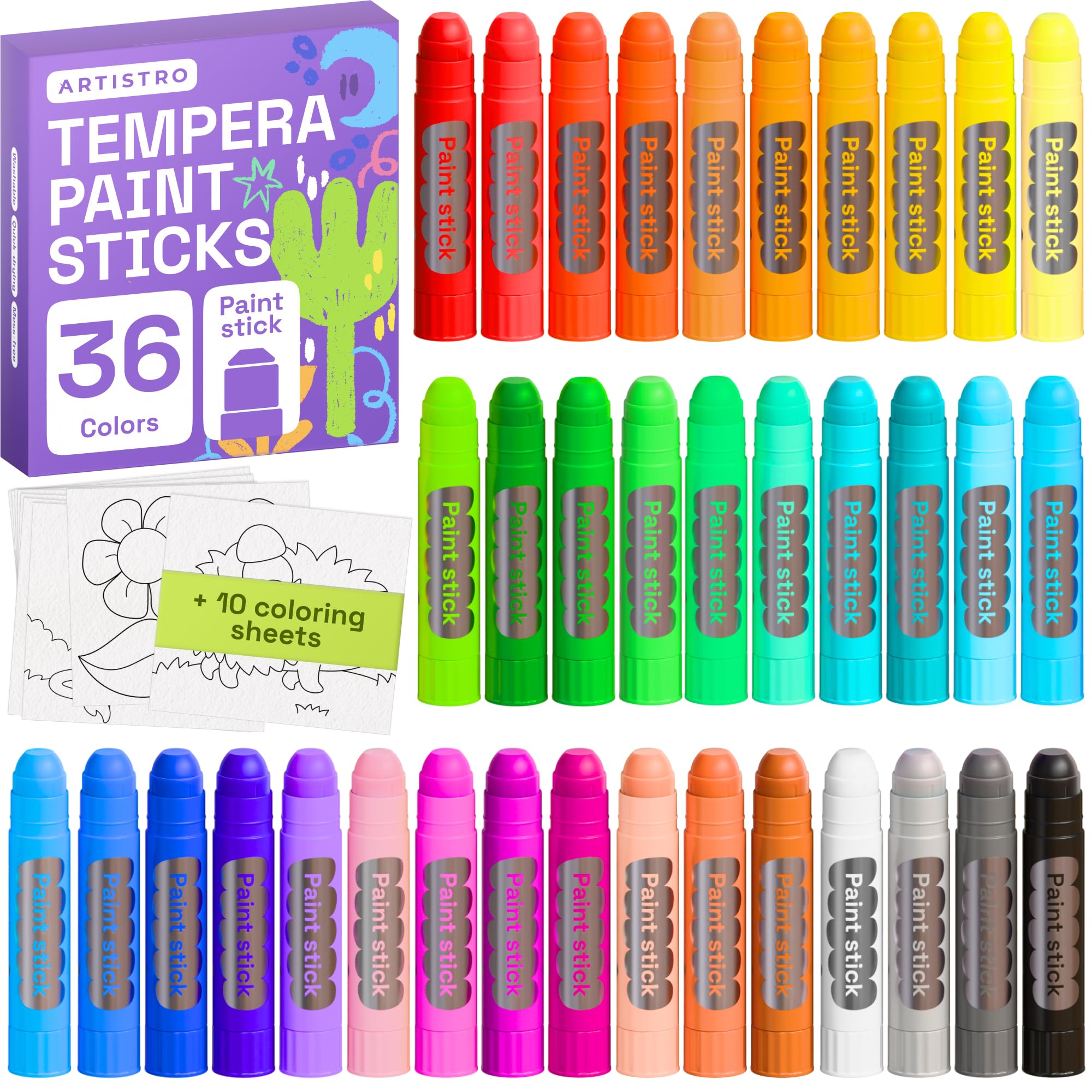 ARTISTRO 100% Washable Tempera Paint Sticks for Kids - 36 Non-toxic Paint Markers for Kids - Color Sticks with Twist Design, Coloring Pages Included