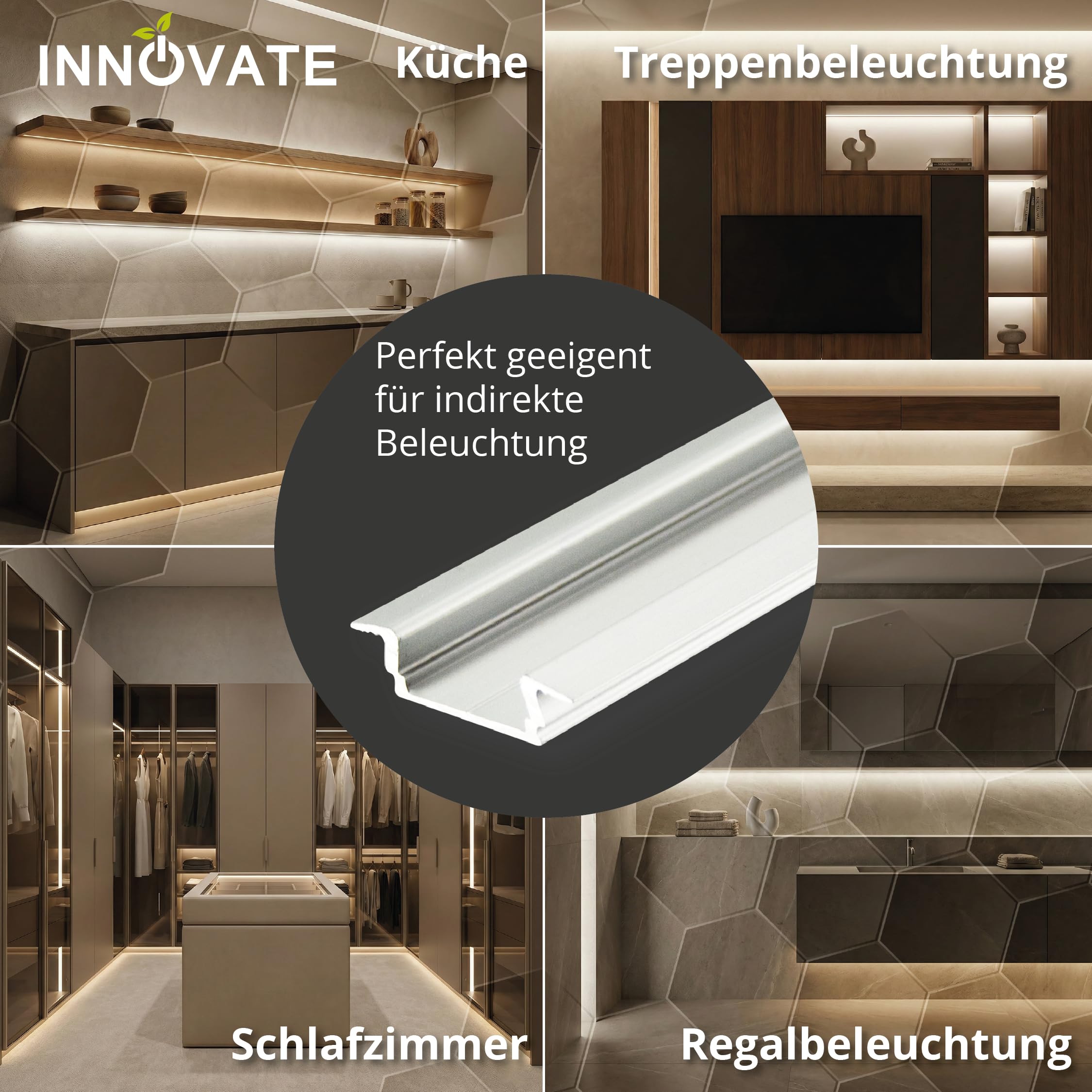 INNOVATE LED Einbauprofil 2m 4er Set [12x6mm Aluprofil Silber Diffusor Milchig] Aluprofil für LED Streifen 2m I Indirekte Beleuchtung Unterbauleuchte Küche I Ambientebeleuchtung Wohnzimmer LEDs Büro