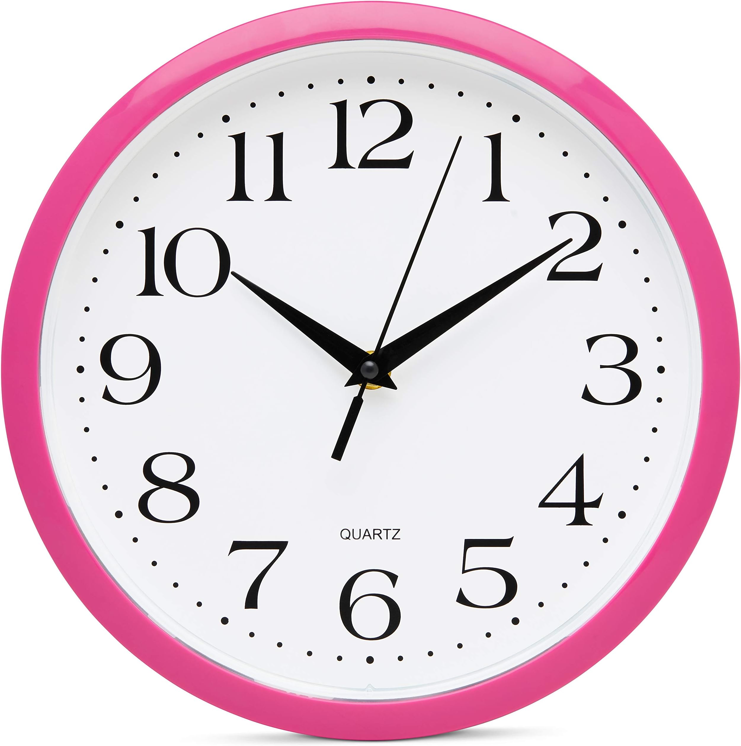 Bernhard Products Pink Wall Clock 10 Inch Silent Non Ticking Battery Operated Quality Quartz Round Easy to Read Home/Office/Kitchen/Nursery/Girl's Bedroom/Classroom/Kids Playroom/School Clock