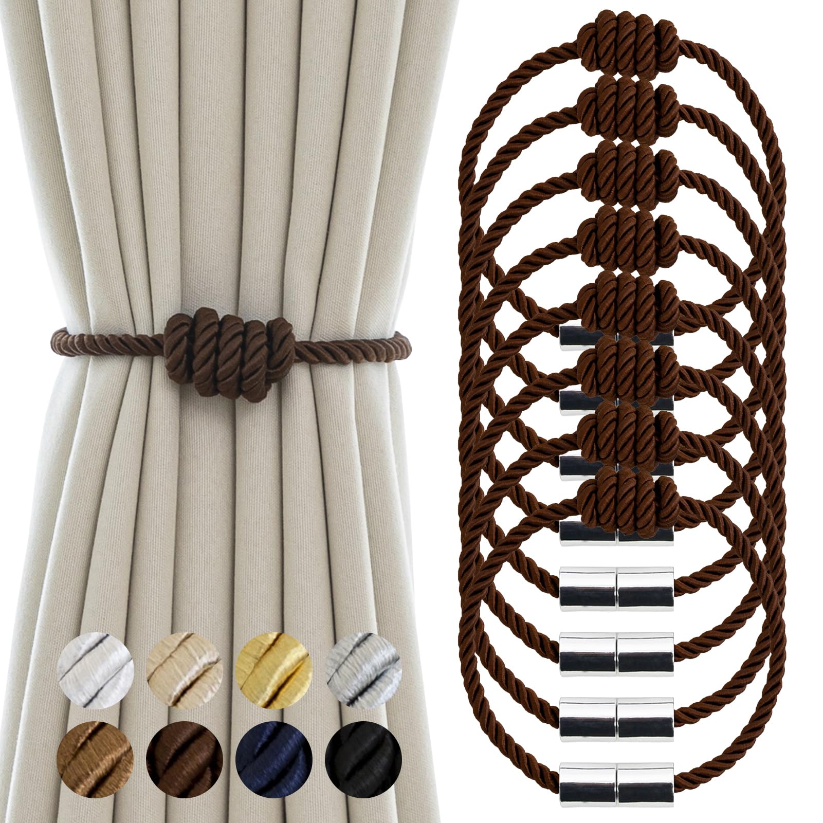 Contoeey Curtain Tiebacks - Magnetic Decorative Tie Backs for Curtains & Drapes, 8 Pack Rope Holders, Coffee Finish