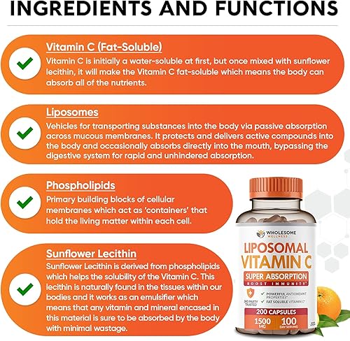 Miniatura 4 de Cápsulas liposomales de vitamina C (200 pastillas de 1500 mg de amortiguación) de alta absorción VIT C, sistema inmunológico y refuerzo de colágeno,