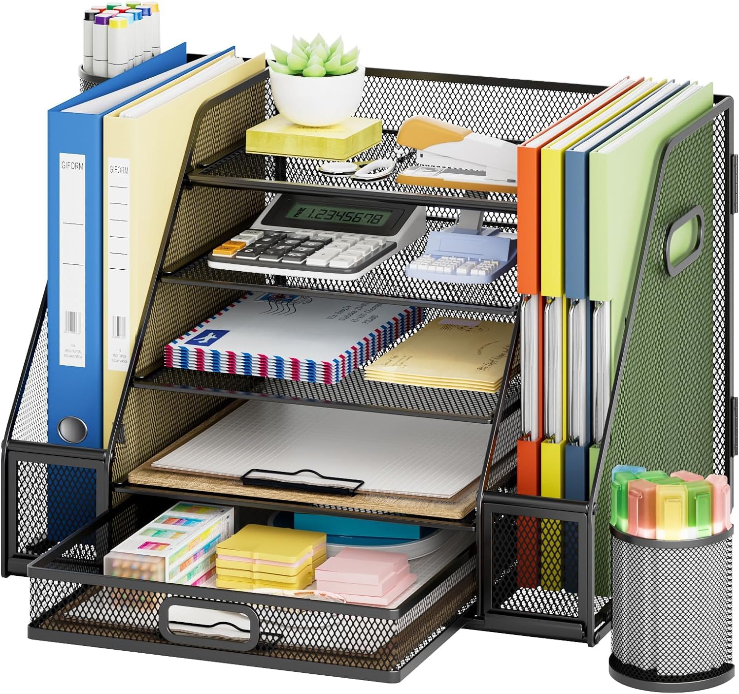 Bandeja organizadora de escritorio, bandeja de papel de 5 niveles con cajón, 2 soportes para bolígrafos, organizador de escritorio de malla, almacenamiento de accesorios para suministros de oficina en