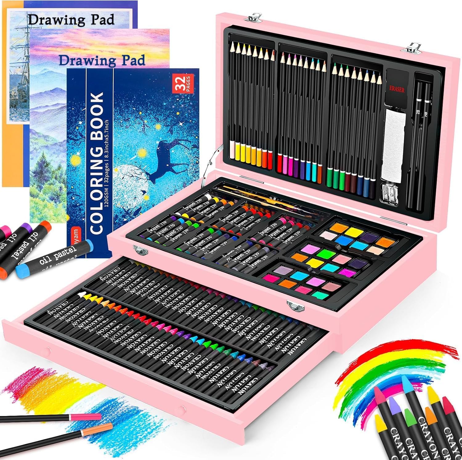 iBayam Valentines Day Gifts for 8 9 10 11 12 13 14 Year Old Girl, Teens Girls Trendy Stuff, Preppy Cute School Supplies, 150-Pack Deluxe Art Set Sketching Kit with 2-Pack Sketch Pads, 1 Coloring Book ...
