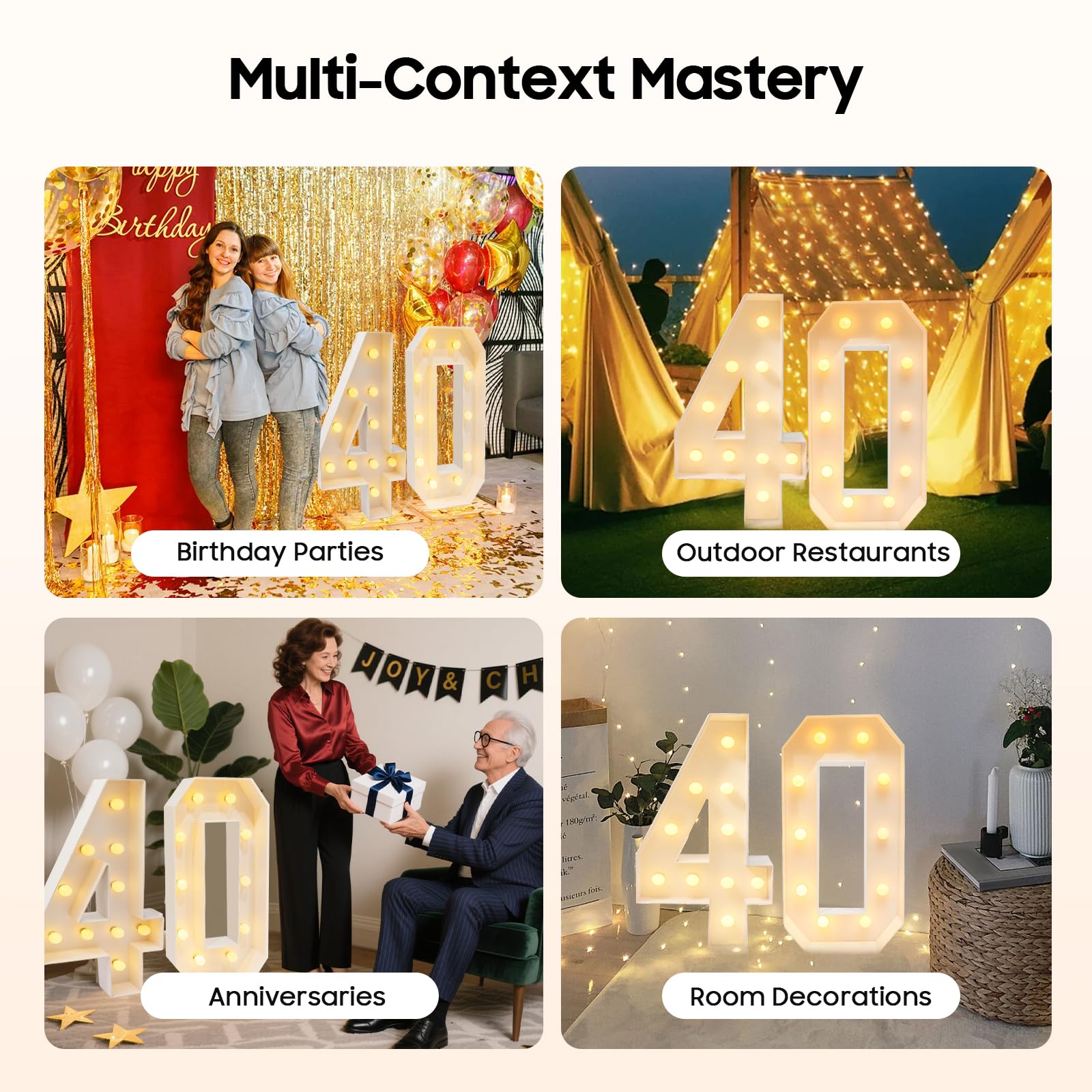 Lampada a LED con numeri illuminati, bianco caldo con 20 lampadine, decorazione per 40° compleanno, uomo e donna, per festa di compleanno, decorazione per matrimonio, funzionamento a