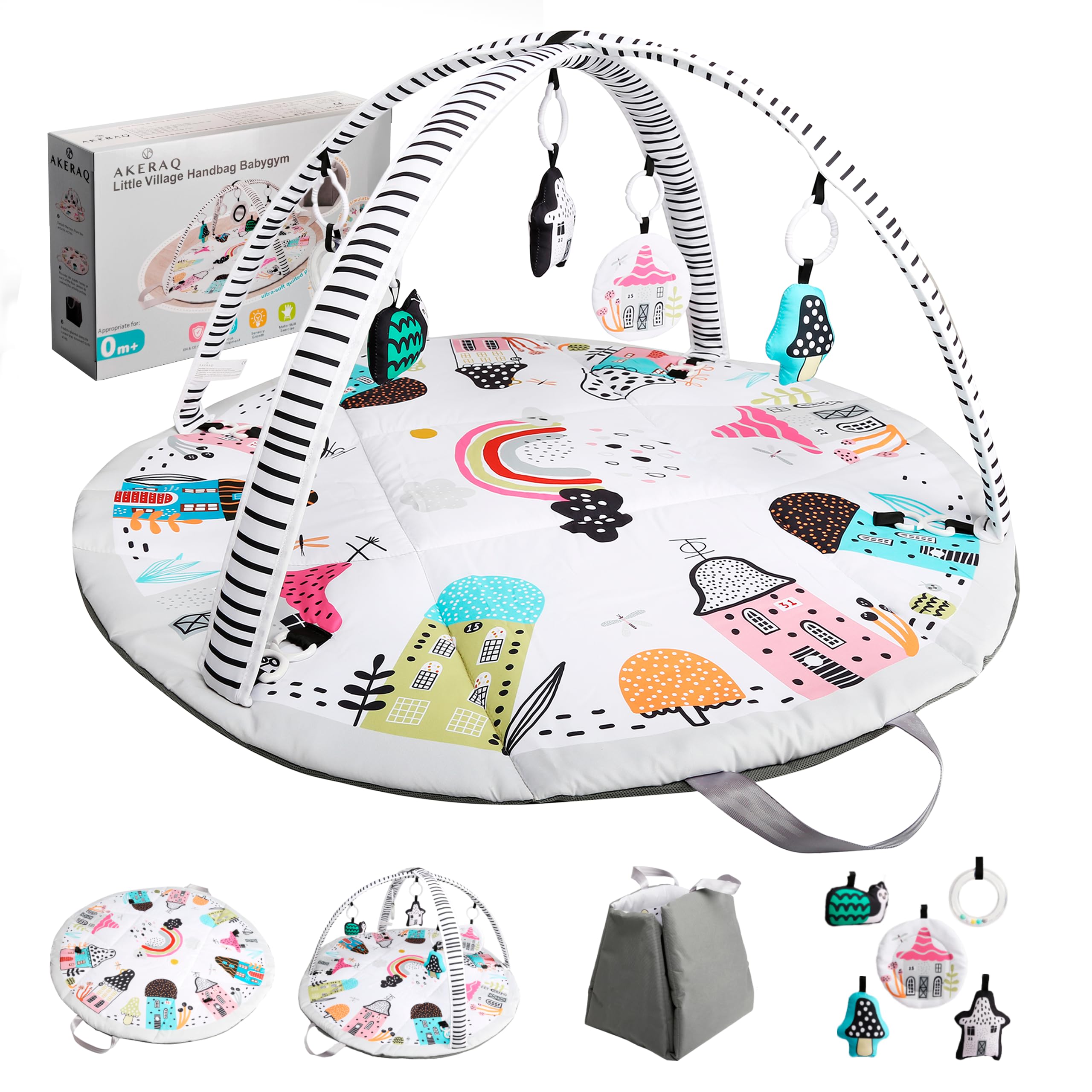 Akeraq Gimnasio Bebe 0-6 meses 2-en-1, Manta Actividades Bebe Ø96cm, Gimnasio Infantil Bebe, Tapete de Actividades Bebe, Alfombra de Juegos Bebe Montessori, interactivo y Portátil,