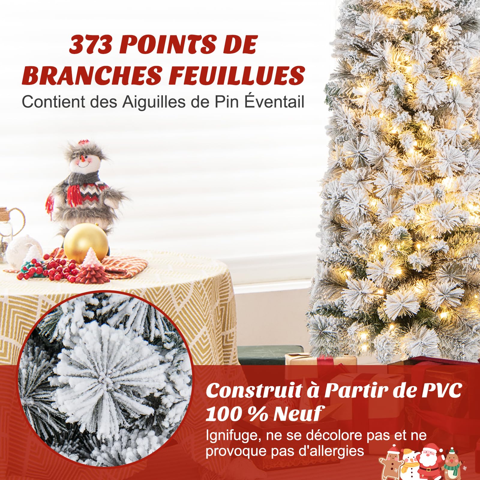 COSTWAY Sapin de Noël Artificiel 180 cm Lumineux LED, en Forme de Crayon, Floqué de Neige, 150 Lumières Blanches Chaudes, 373 Pointes de Branches, Aiguilles de Pin, pour Maison, Bureau