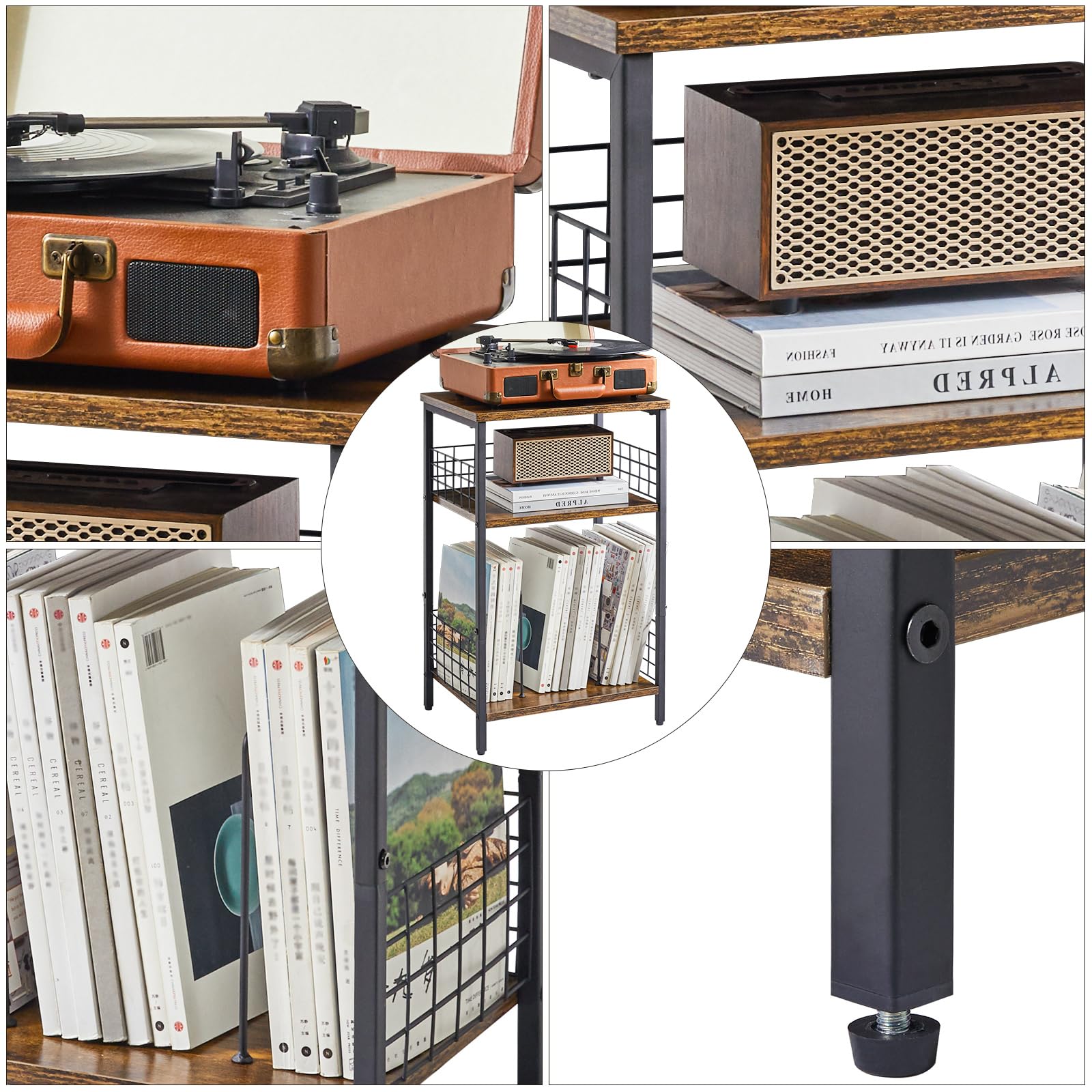 YMYNY Beistelltisch, 3 Ebenen Standregal, Plattenständer mit klassifizierter Lagerung, Schutzeisennetz, für Plattenspieler, CDs, Magazin, Wohnzimmer, Schlafzimmer, Studio Rustikal Braun HST009H