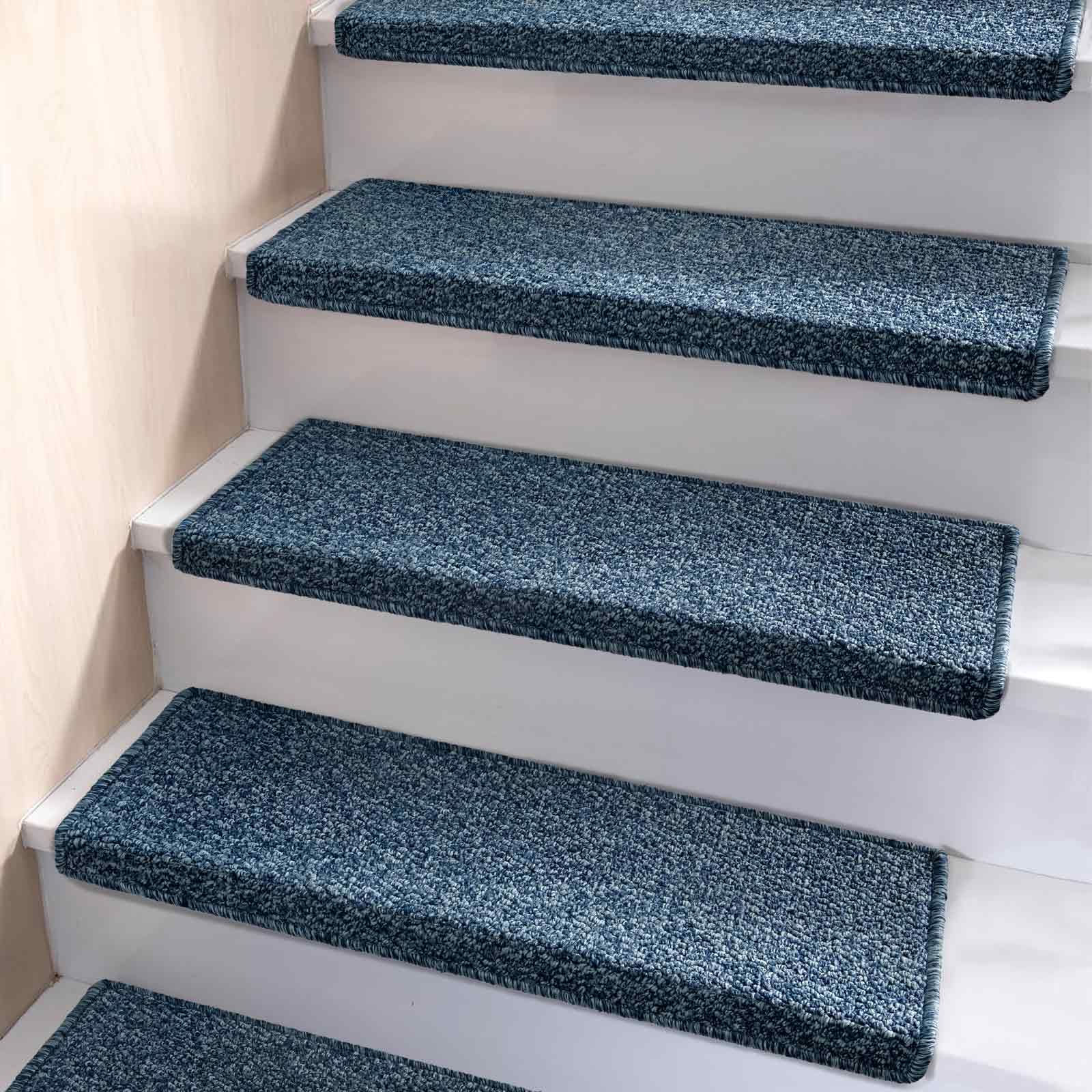Bullnose Carpet Stair Treads, Non Slip Stair Treads for Wooden Steps Indoor, Stair Runner, Soft Stair Rugs for Pets, Edging Stair Protectors, Washable, 29.5"x9.5"x1.5" 14pcs, Blue