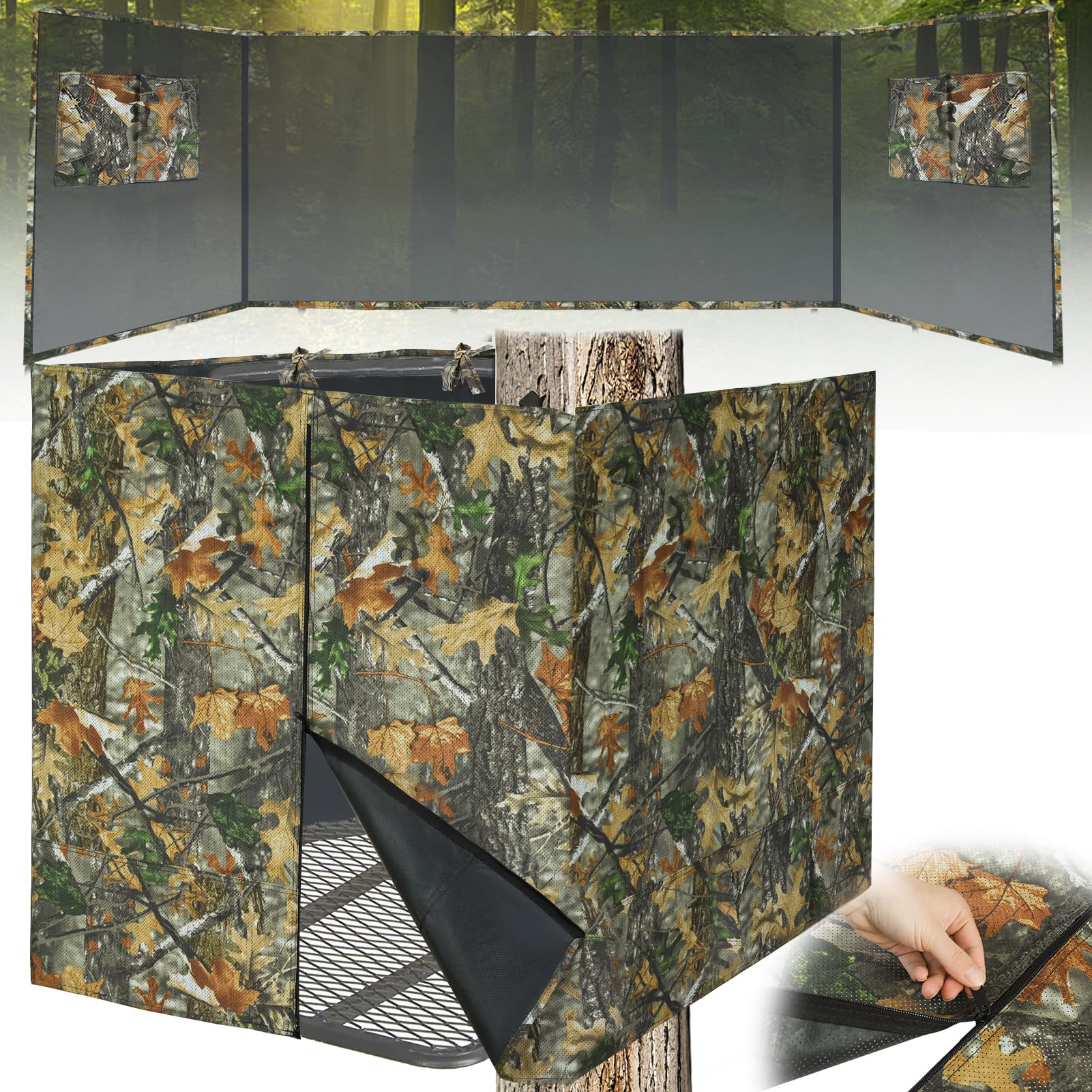 Hunting Tree Stand Blind, Ladder Stand Blind Kit for 2 Man Camo Treestand Blinds Cover with Zipper Storage Pocket Tree Stand Blind Accessories for Hunting Deer, 102×36 Inch, Choose See Through or Not