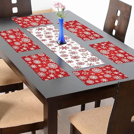 TheYaYaCafe 6 Table Mats and Runner Set for Dining Table (1 Table Runner Canvas Cotton Fabric 12X48 inches, 6 Cotton Table Placemats) Christmas Decorations Snowflake Xmas Table Mats