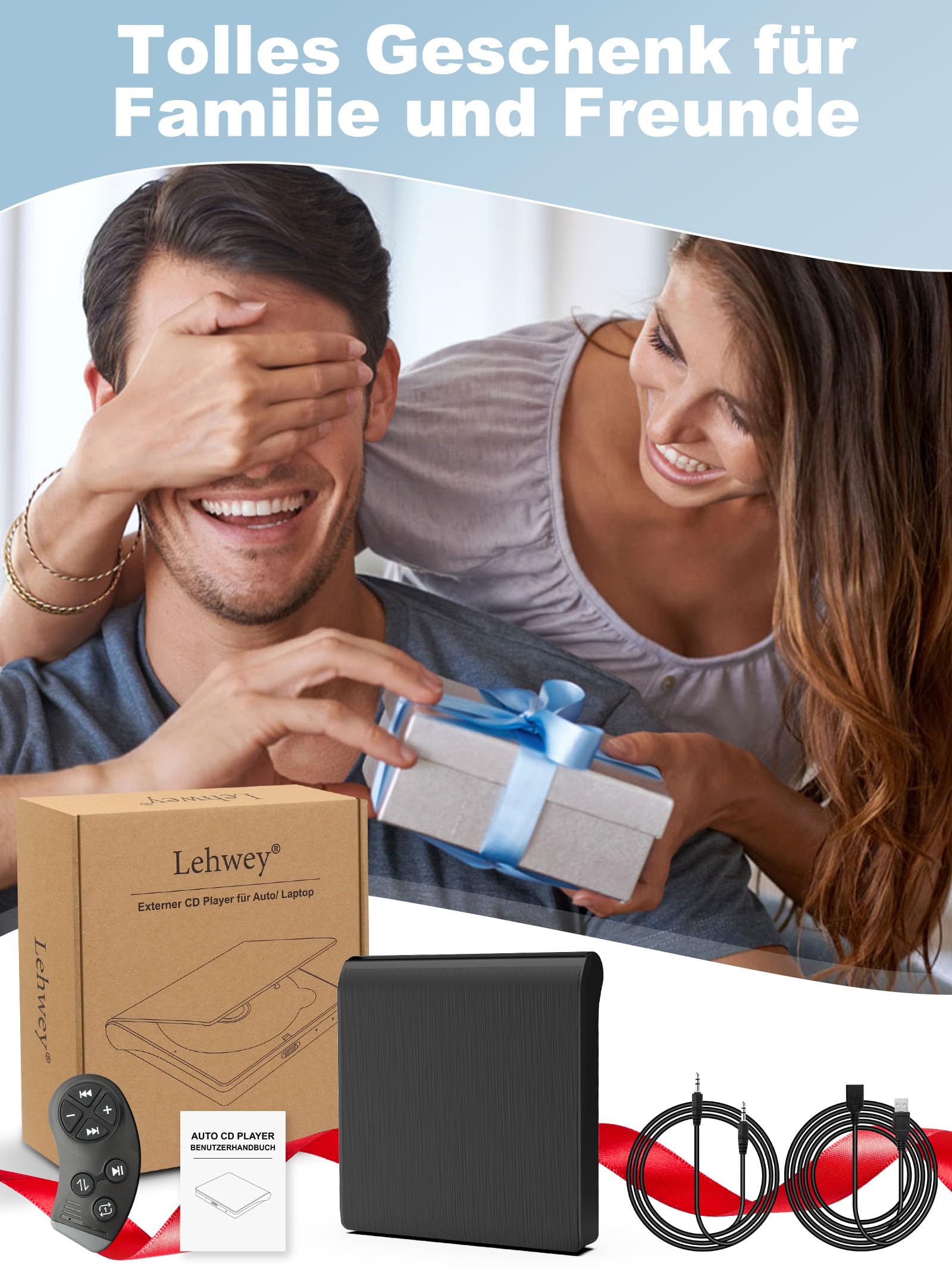 CD Player für Auto mit USB Anschluss - Lehwey CD Laufwerk für Auto mit 1M Verlängerungskabel, Externes CD Laufwerk für Laptop, PC, Fernseher, kompatibel mit Android Autoradio, Externer CD Spieler Auto