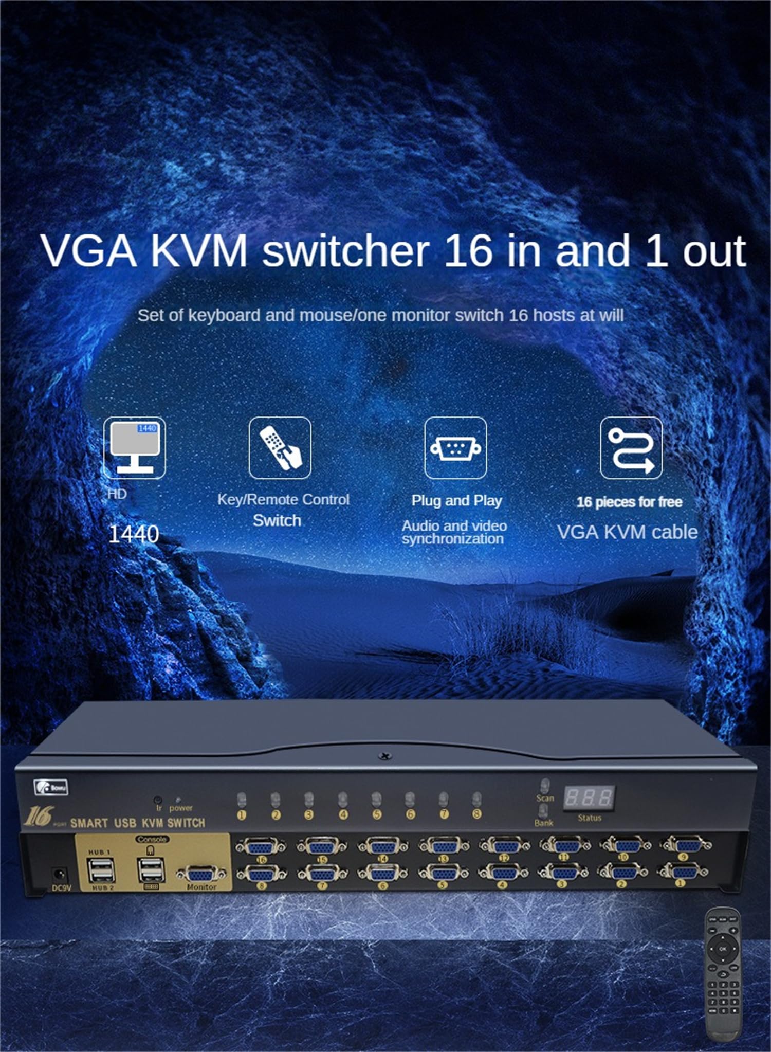commutateur KVM USB VGA, commutation 4/8/16 ports VGA 4/8/16 en 1 contrôle à distance d'écran vidéo Projecteur avec 4/8/16 °Câbles VGA Original : pour win98/ME/2kp4/XP/2003 16 puertos