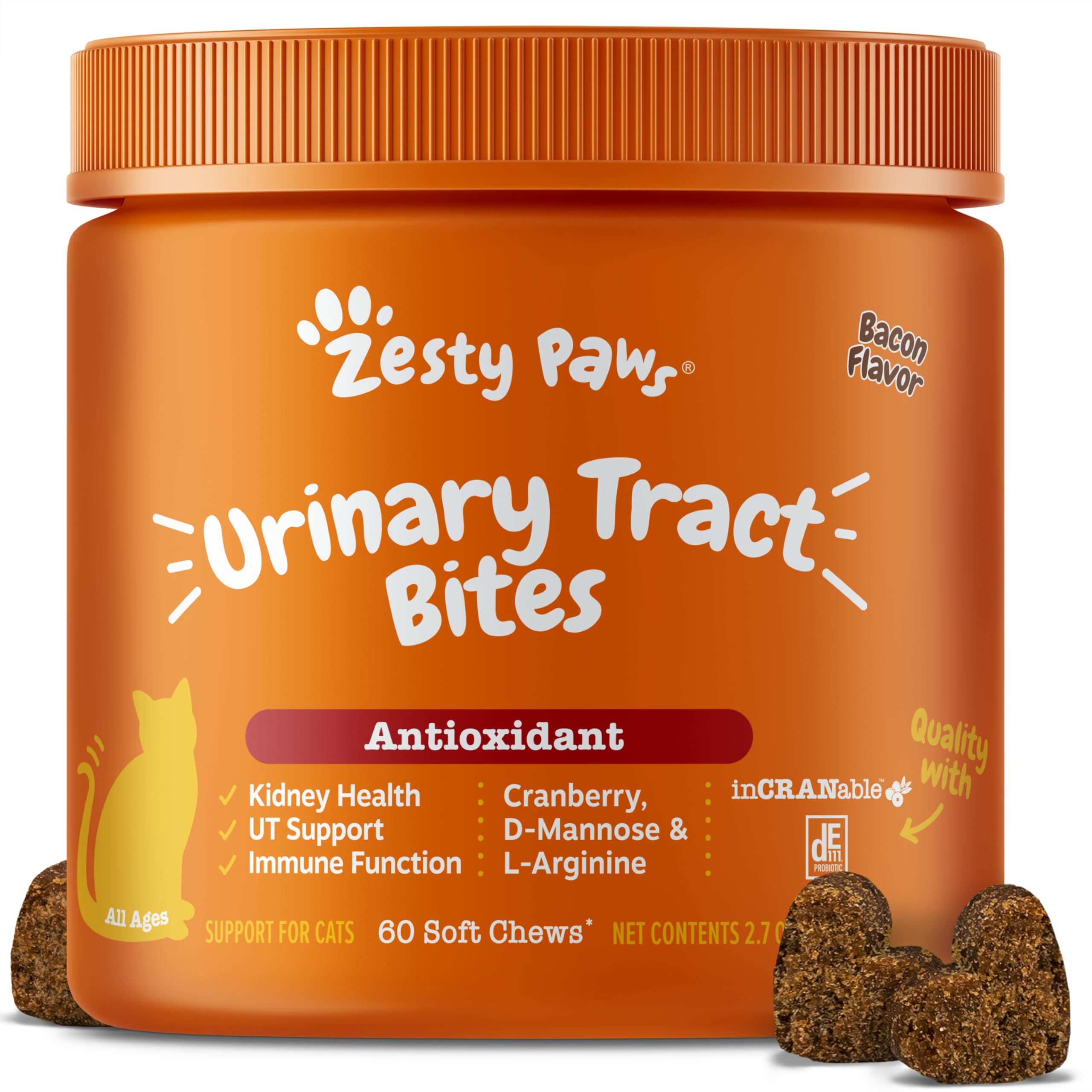 Zesty Paws Cranberry Urinary Tract Bites for Cats - Kidney & Urinary Tract Health - Soft Chews with D-Mannose, Vitamin B6 & L-Arginine - Immune & Gut Support - Bacon - 60 Count