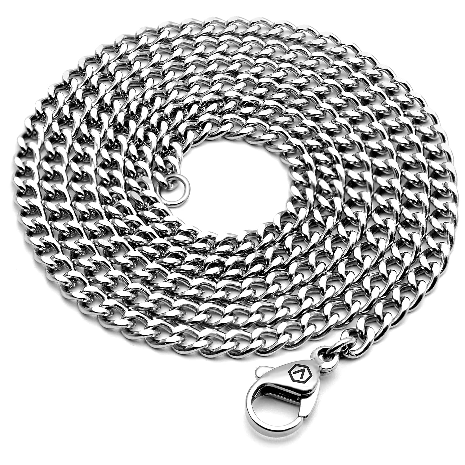 VENICEBEE® Best Stainless Steel Chain Medical Grade 316L Surgical Metal Curb Cuban Link 24" INCHES 3.3MM Wide Perfect Chain 24 inch + Pouch -