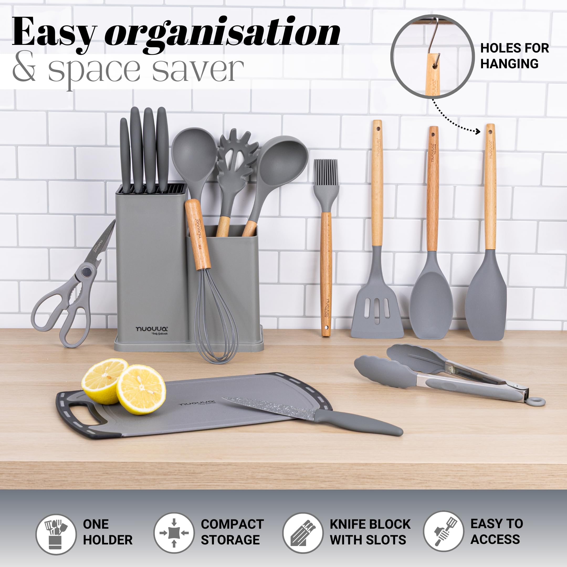 Cooking Utensils Set with Chopping Board – Knife Set with Block – Heat Resistant Silicone Utensils with Wooden Handle, Spoons, Ladles & Spatula – Kitchen Tools & Accessories – 17pcs, Grey – by Nuovva — view 5
