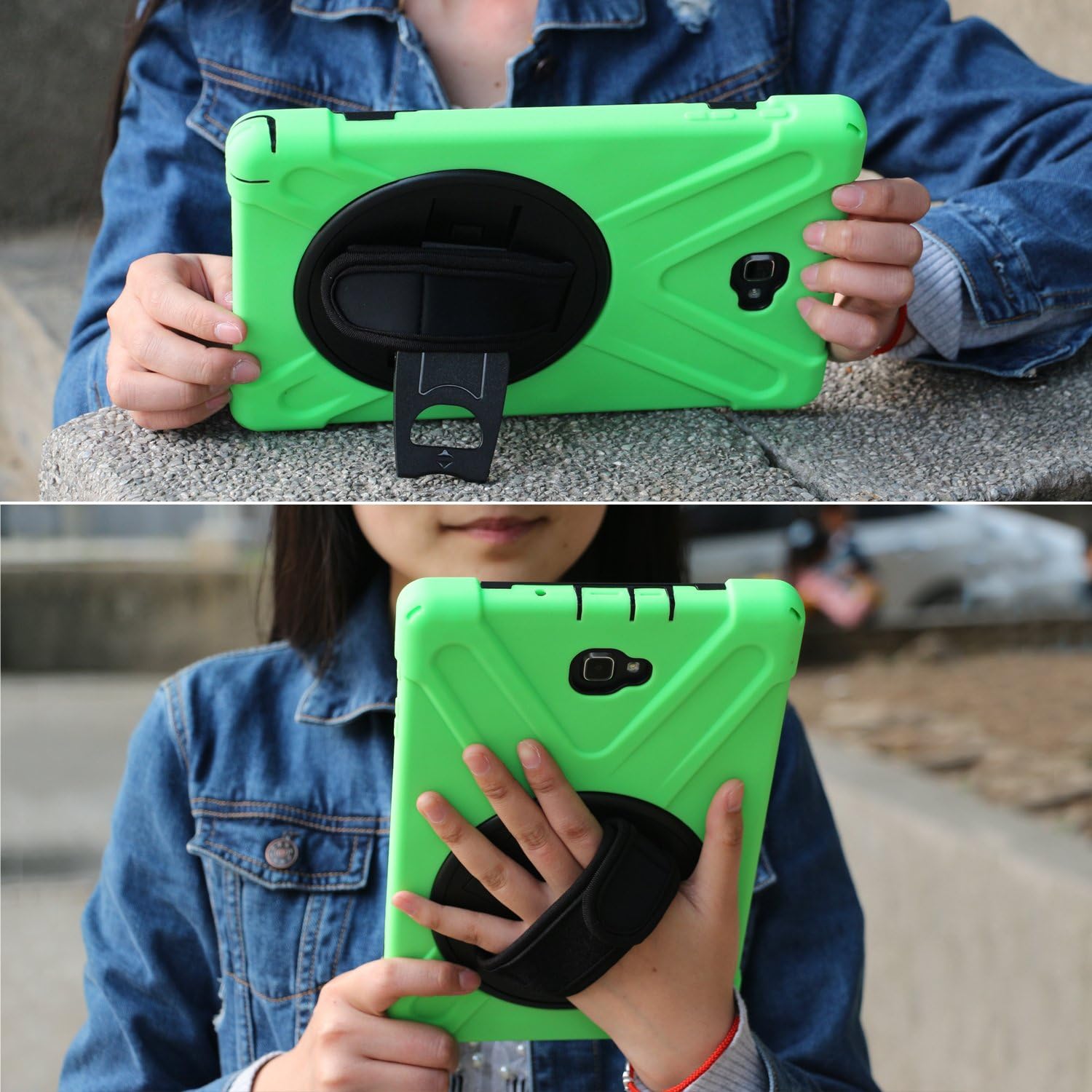 Rugged Case for Samsung Galaxy Tab A 10.1 Inch with S Pen-2016-(SM-P580 P585), Portable Hybrid Shock-Proof Cover with 360° Rotatable Hook&Loop Handle,Shoulder Strap (Green)