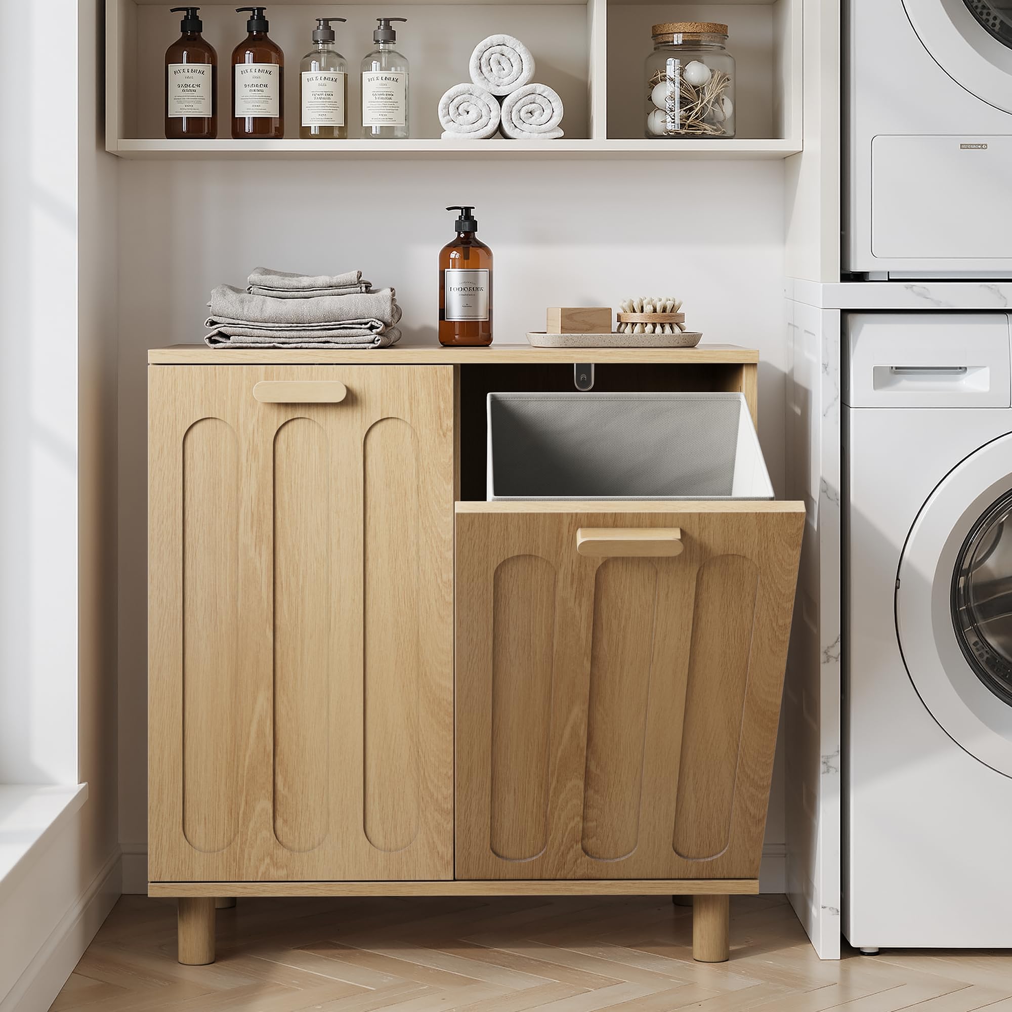 HAINEW Badezimmerschrank Badschrank mit 2 Wäschekörbe, Wäscheschrank Sideboard für Badezimmer Wohnzimmer, 66×35×67cm, Eiche, HD26042116