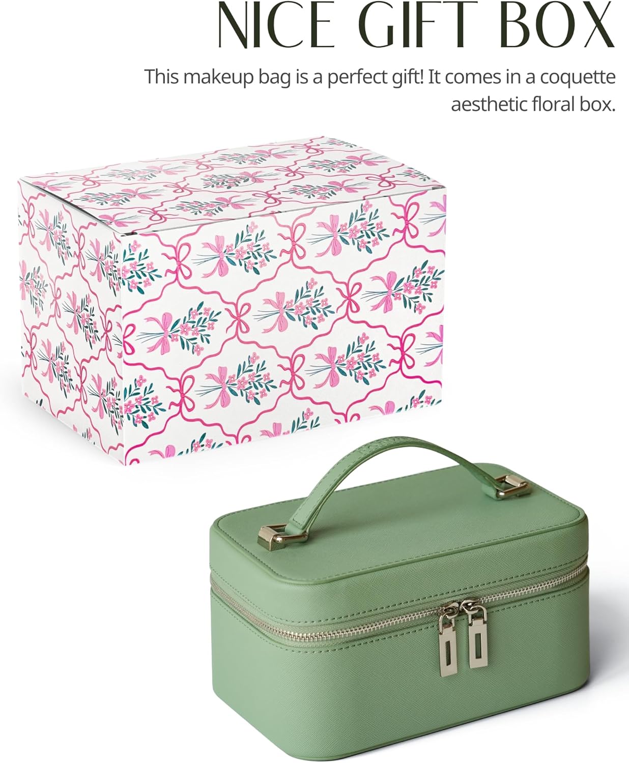 Popvibe Travel Vanity Case with Mirror and Light, Compact Traveling Makeup Bag Set with Brush Holder, Sage Green Leather Cosmetic Case Lighted Up Makeup Vanity Bag Portable Make Up Box Train Case Cute - Image 8